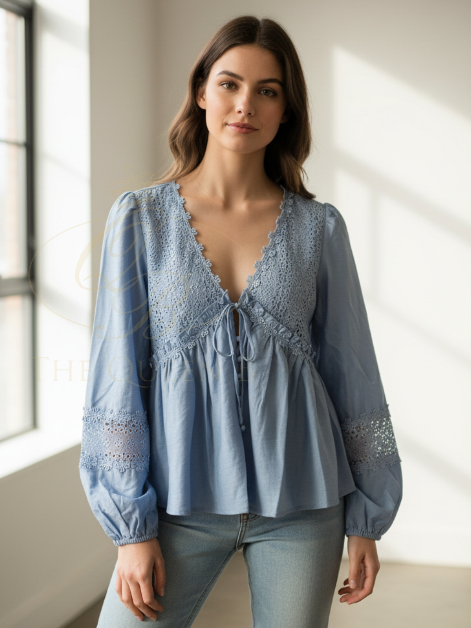 QBSS26 EV Marquita Lace Detailed Blouse with V-neckline, lace detailing, long sleeves and relaxed feminine silhouette.