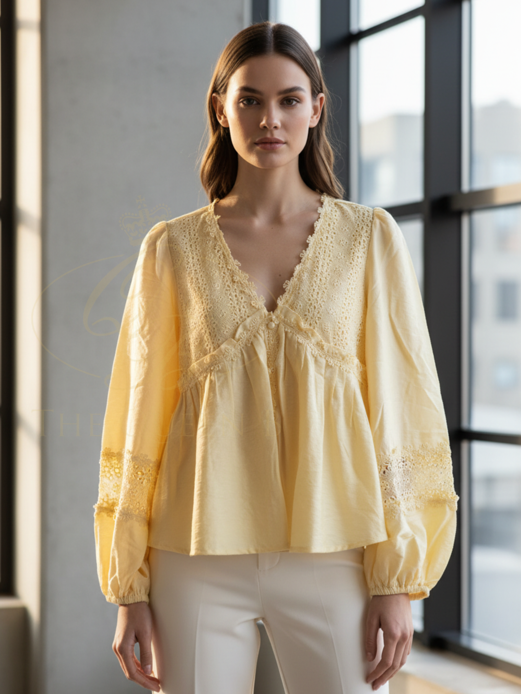 QBSS26 EV Marquita Lace Detailed Blouse with V-neckline, lace detailing, long sleeves and relaxed feminine silhouette.