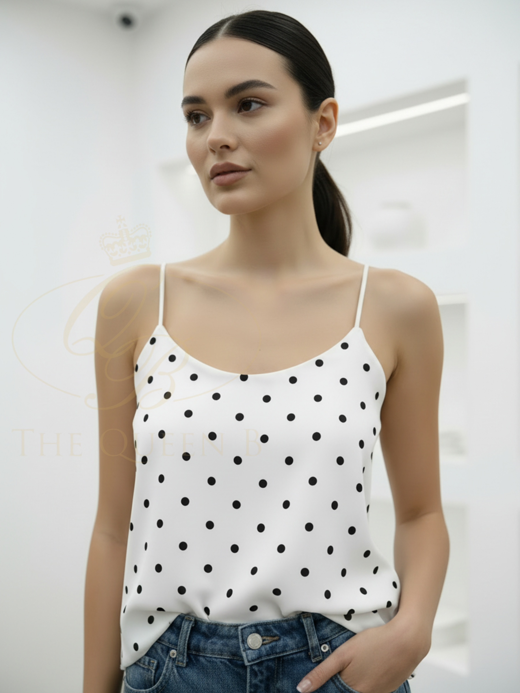 QBSS26 EV Megan Polka Dot Vest Top with tight stretch fit, delicate shoulder straps and classic polka dot design.