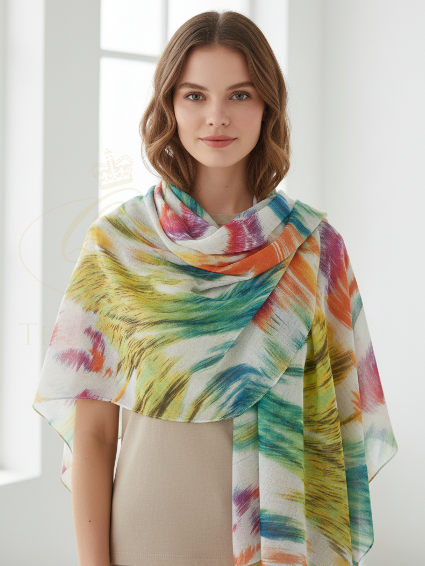 QBSS26 EV Susan Swirl Pattern Scarf with abstract swirl pattern, lightweight fabric and soft drape, styled around the neck.