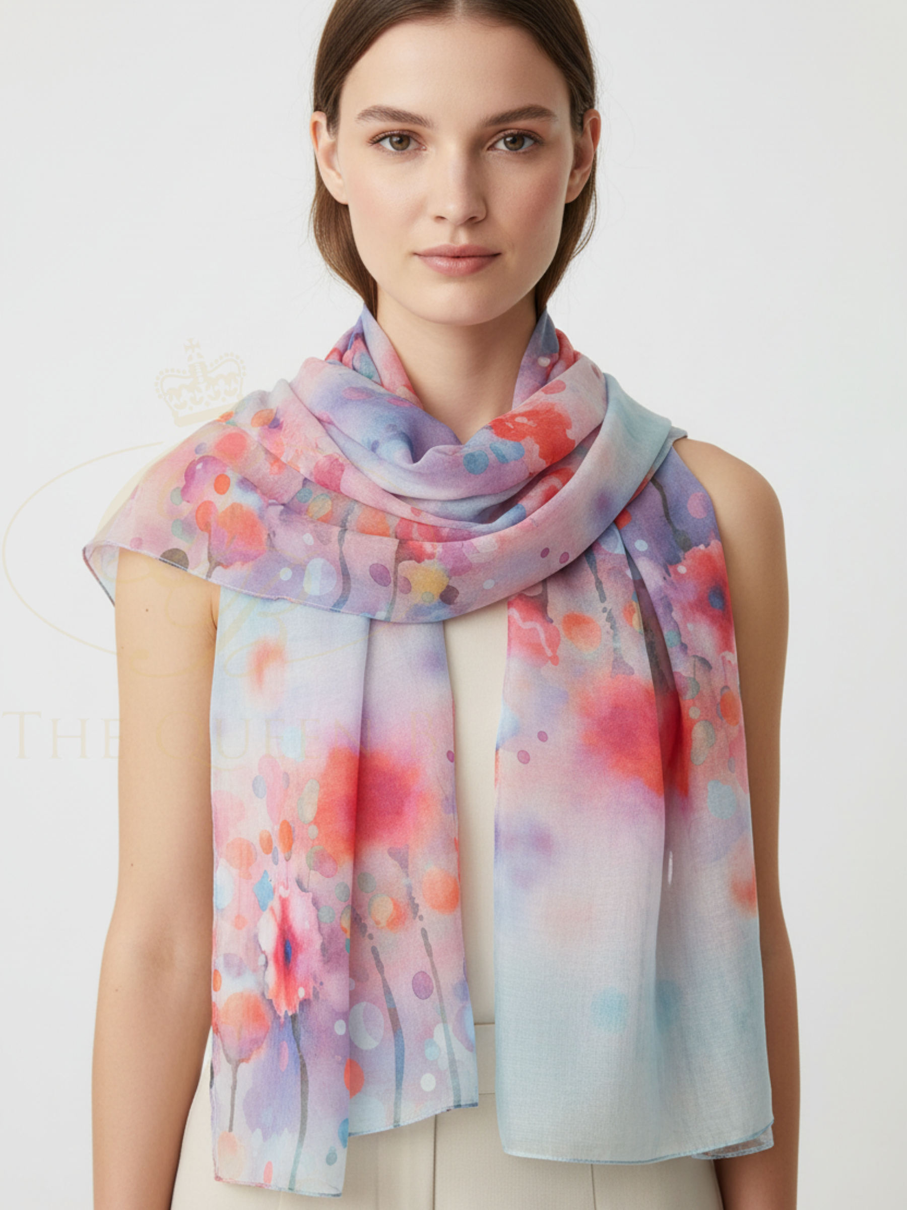 QBSS26 EV Tara Flower Pattern Scarf with soft floral print, lightweight fabric and fluid drape, styled around the neck.