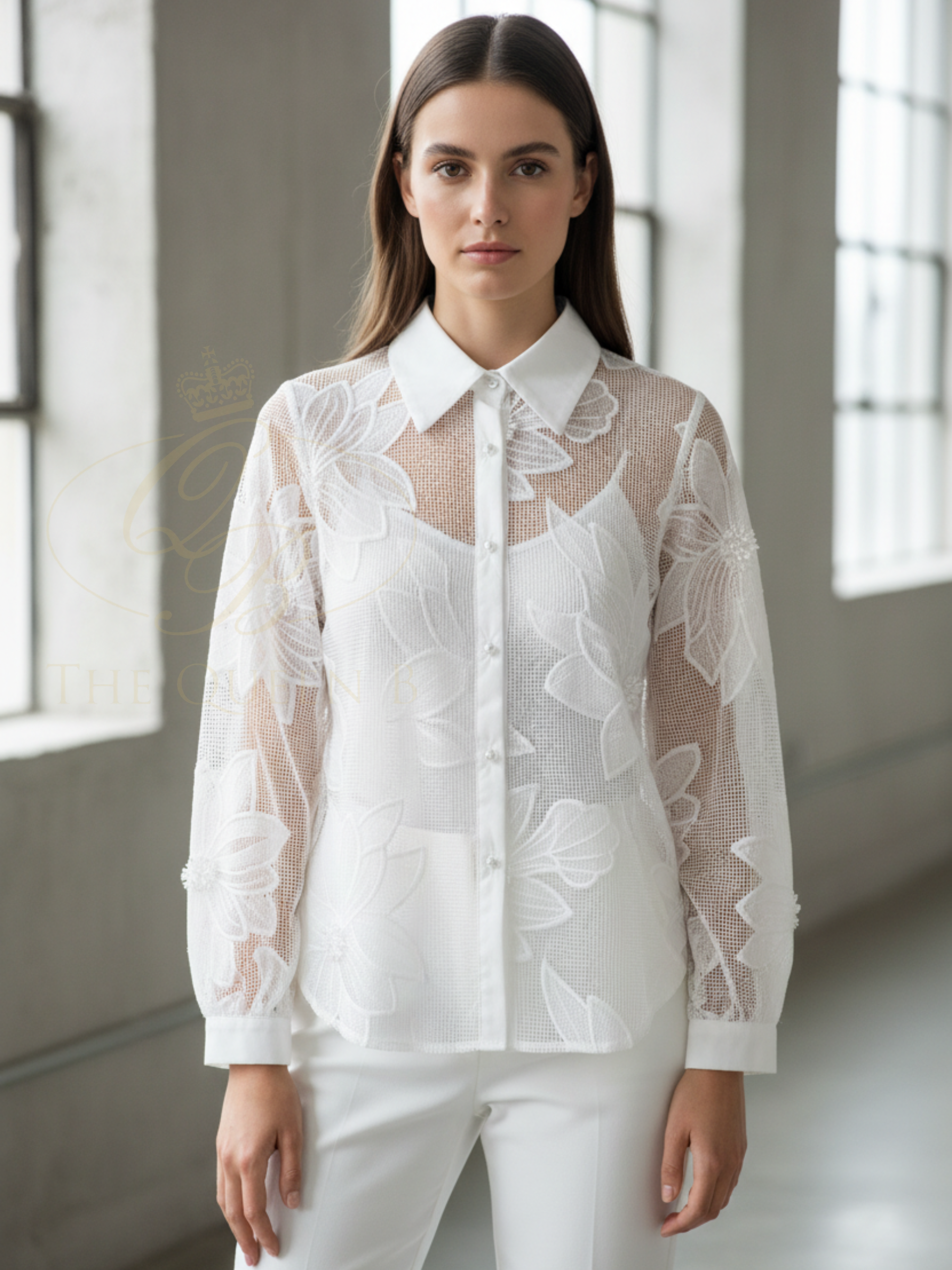 QBSS26 LX Andrea Sheer Mesh Floral Shirt with sheer mesh fabric, floral appliqué embroidery and classic collared button-through design.