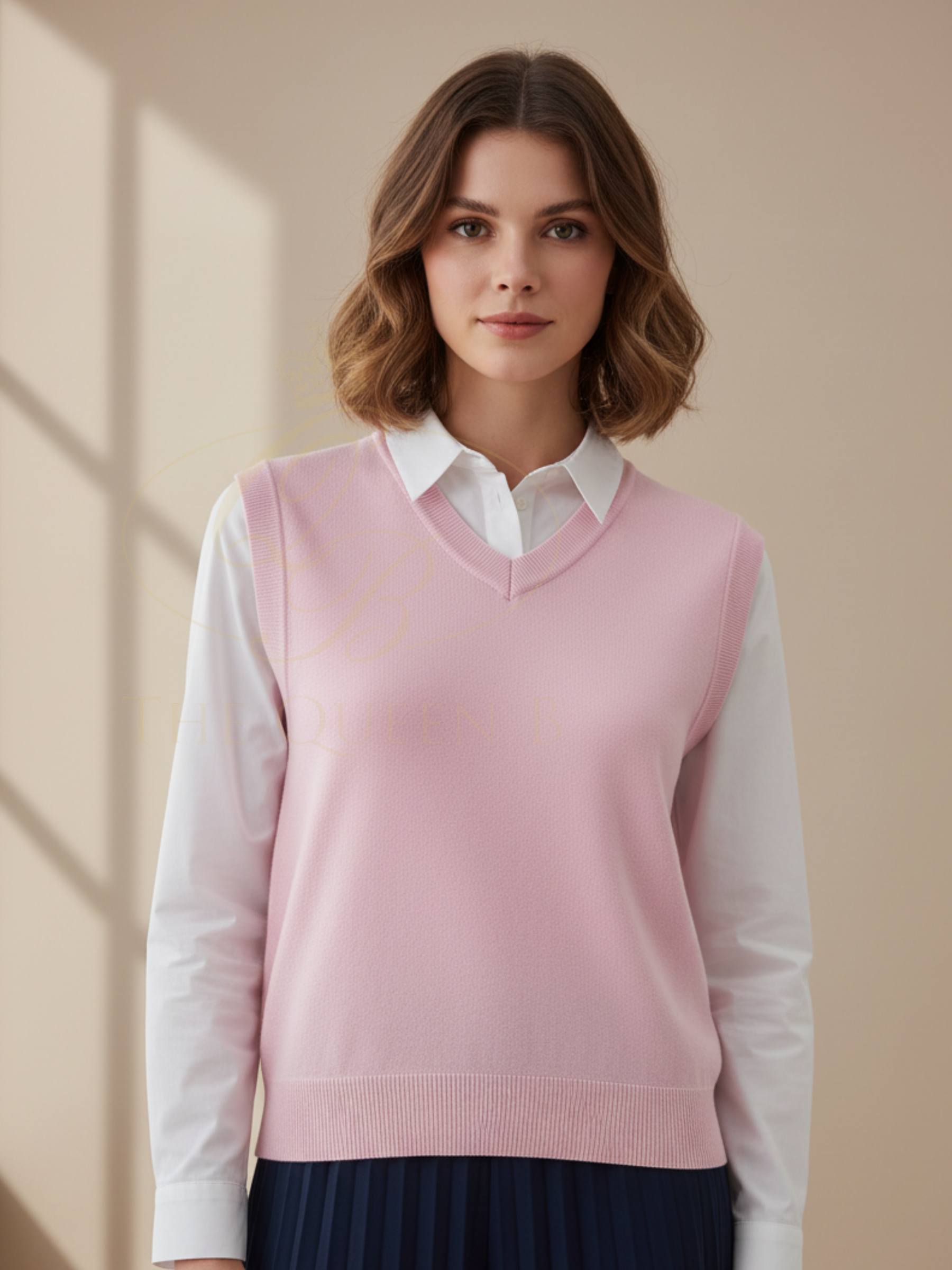 QBSS26 LX Clara V-Neck Knit Vest in cream, sleeveless soft knit design with flattering V-neckline and clean silhouette.