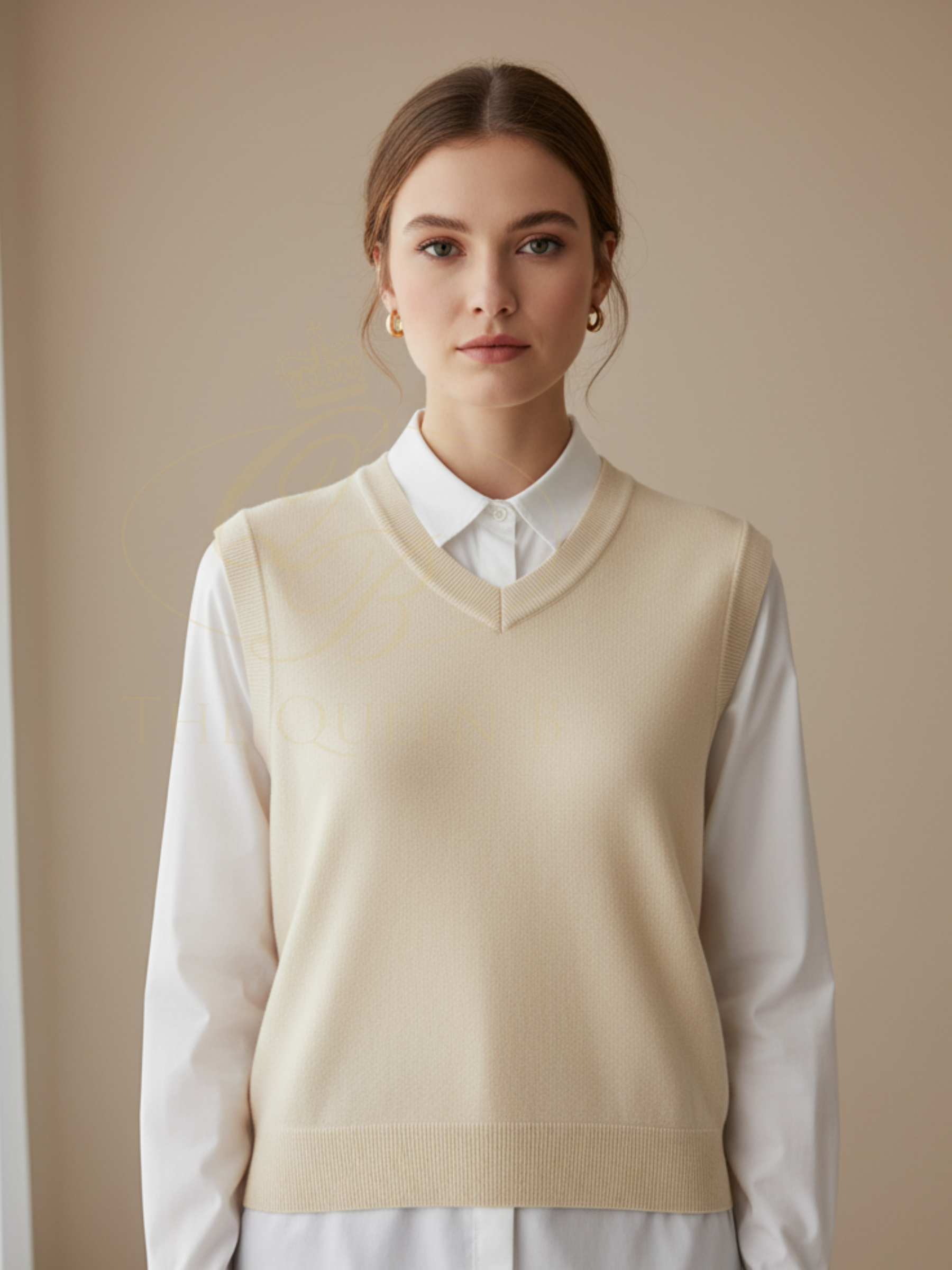 QBSS26 LX Clara V-Neck Knit Vest in cream, sleeveless soft knit design with flattering V-neckline and clean silhouette.