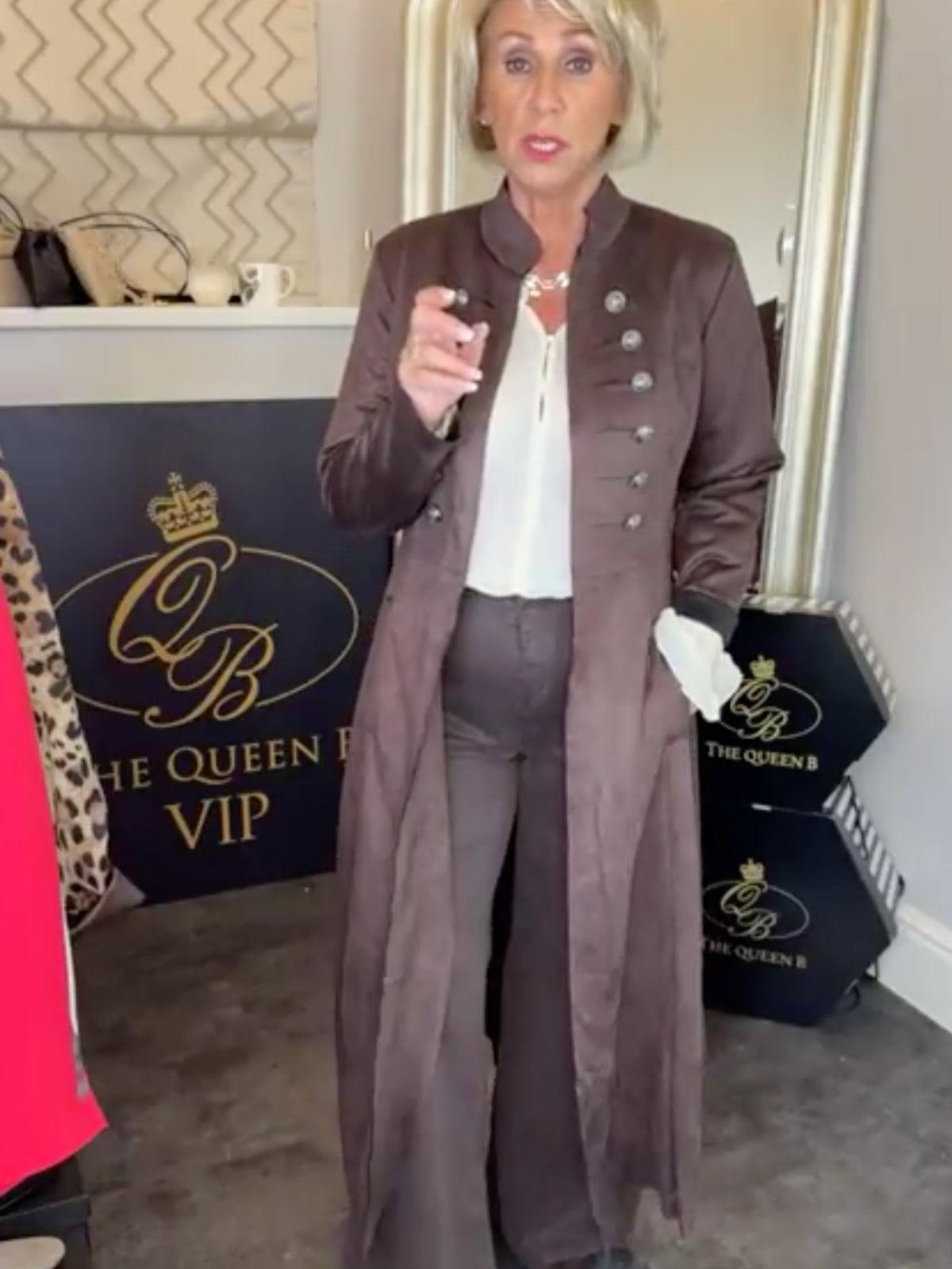 QBSS26 LX Eleanor military style longline coat with stand collar, decorative button detailing and tailored 