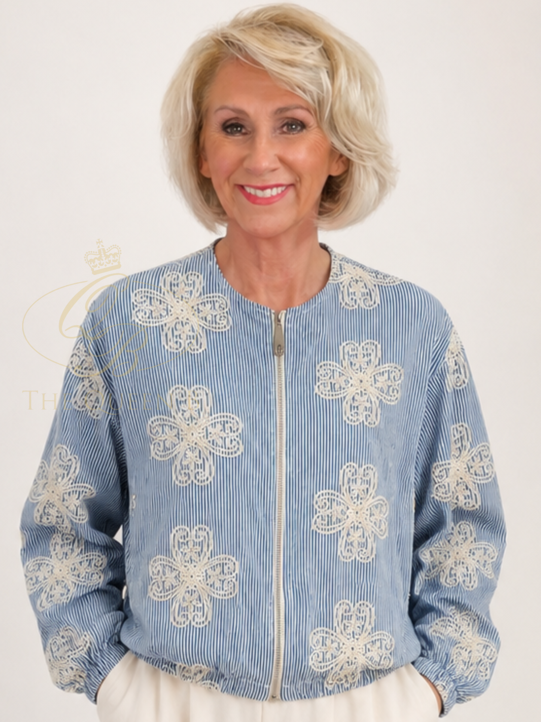 QBSS26 LX Gracie Striped Embroidered Bomber with zip front, round neckline and floral embroidery