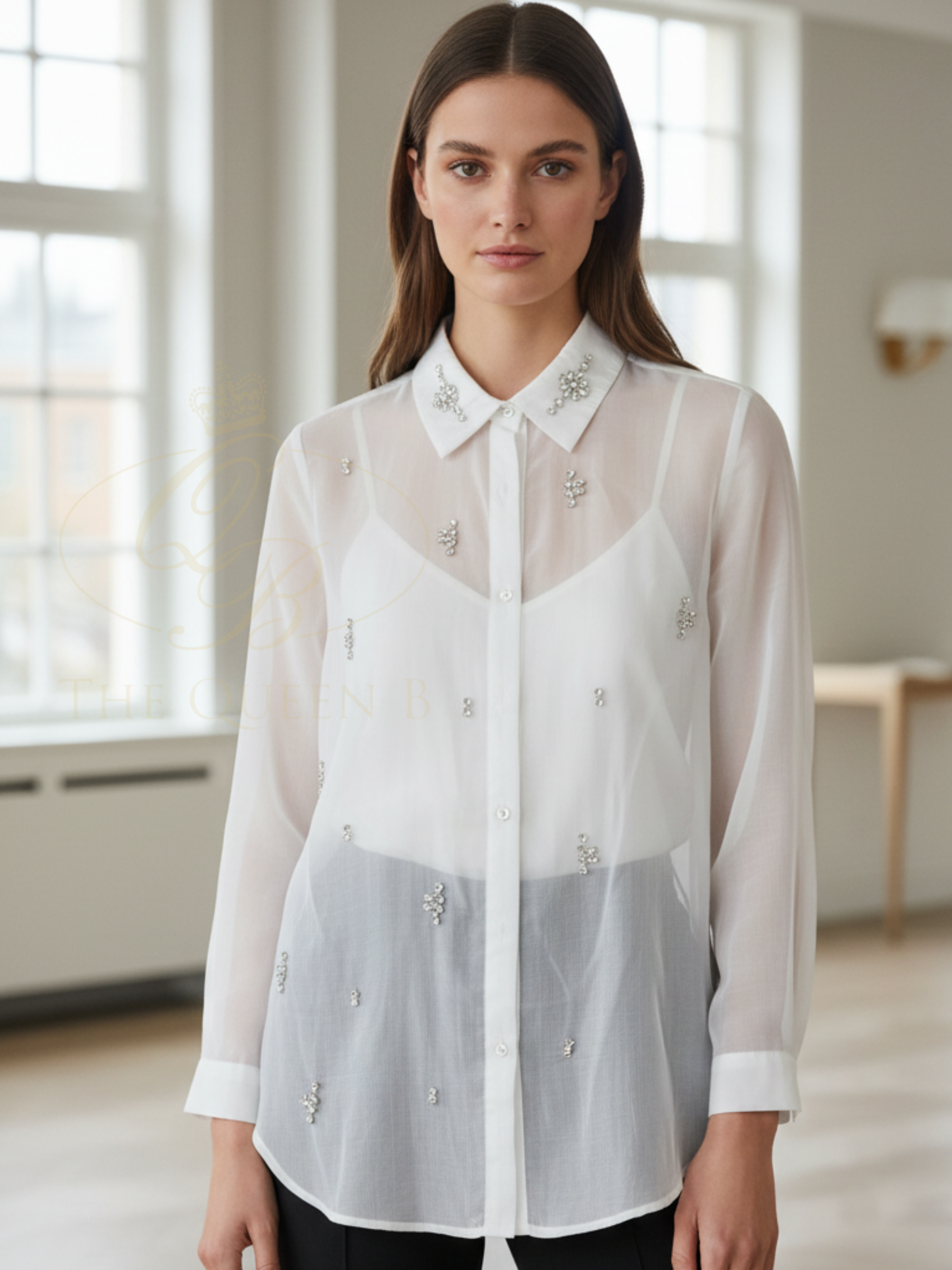 QBSS26 LX Isabella Crystal Embellished Shirt with sheer fabric, crystal embellishment detailing and classic collared button-through design.
