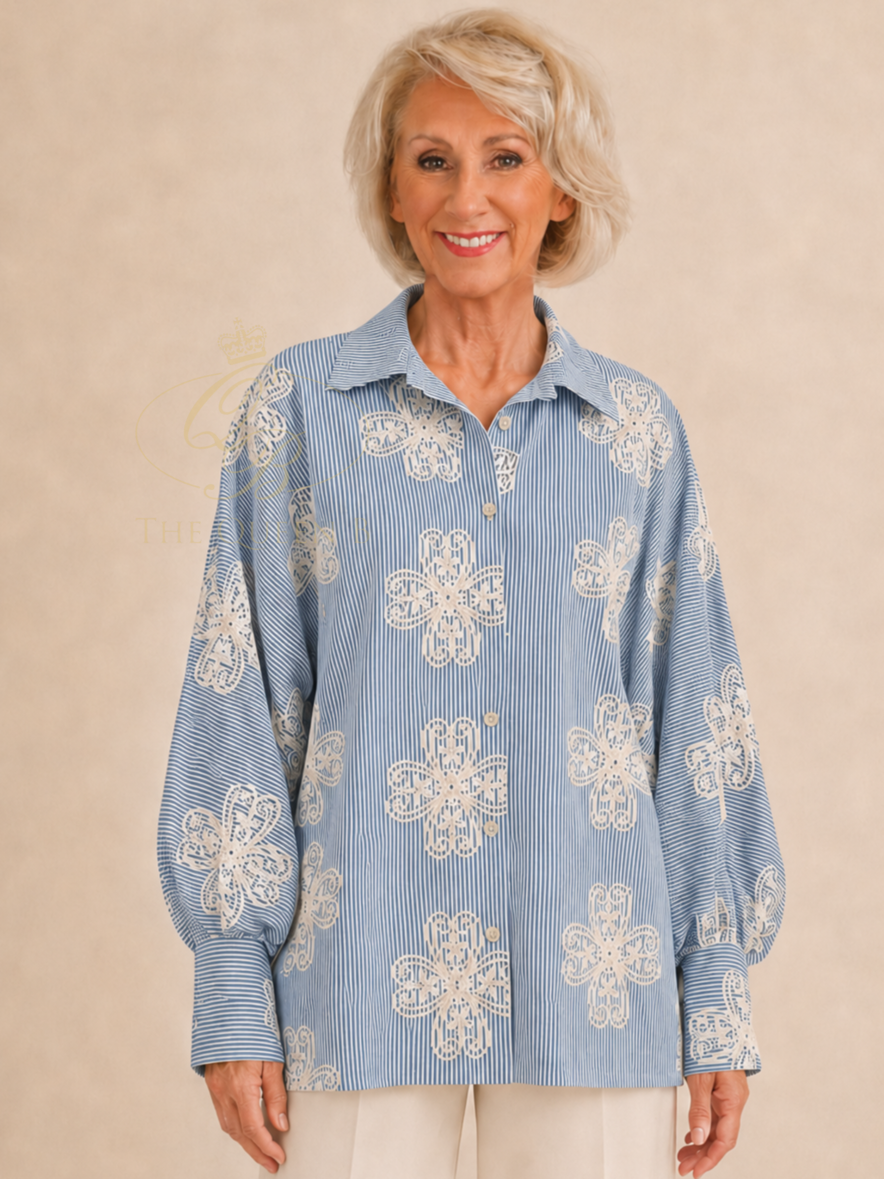 QBSS26 LX Jessica Striped Batwing Shirt with collared neckline, button front, batwing sleeves and floral stripe design