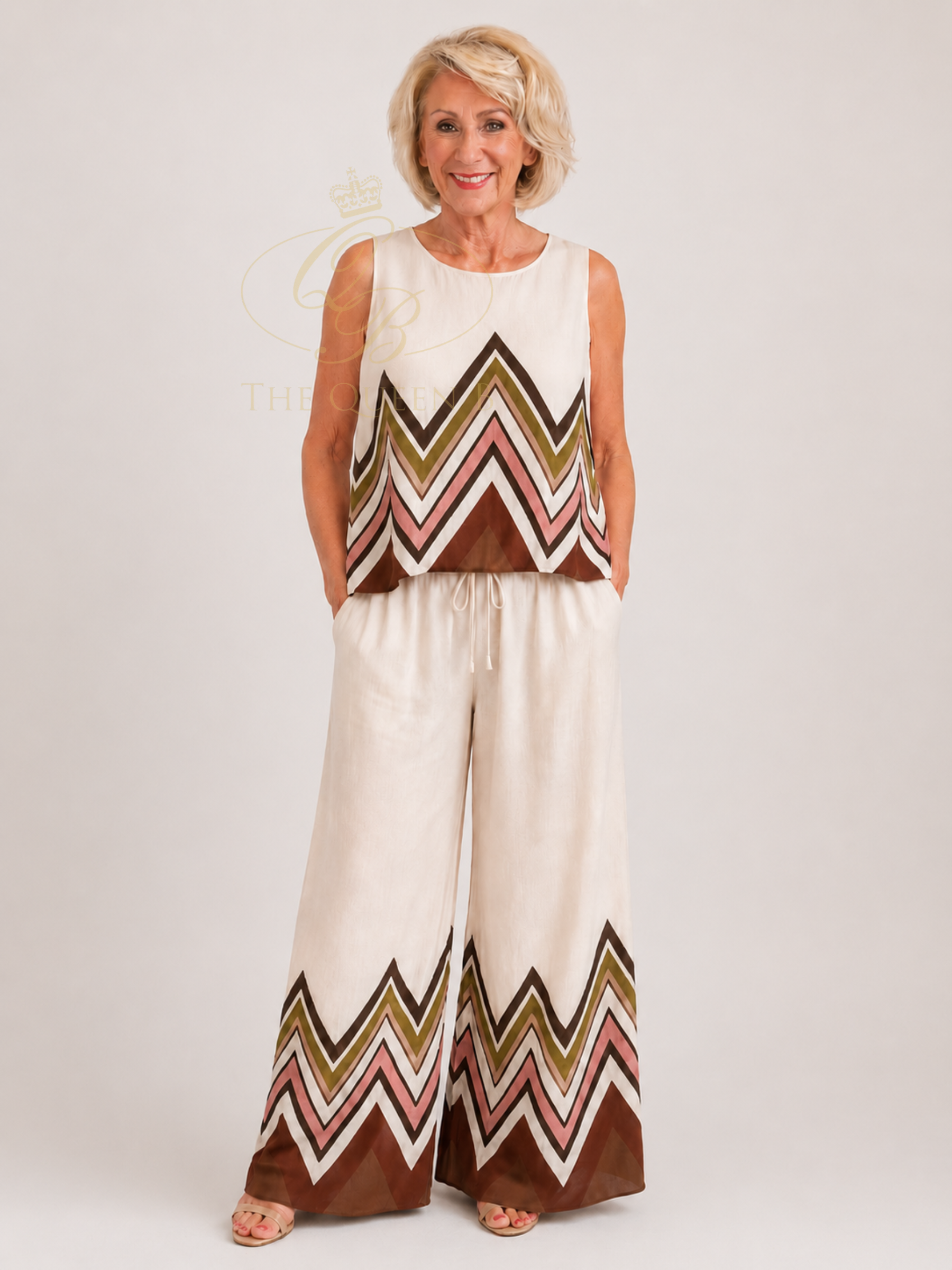 QBSS26 LX Layla Zig Zag 2-Piece Set with sleeveless top, wide-leg trousers and bold zig zag border print