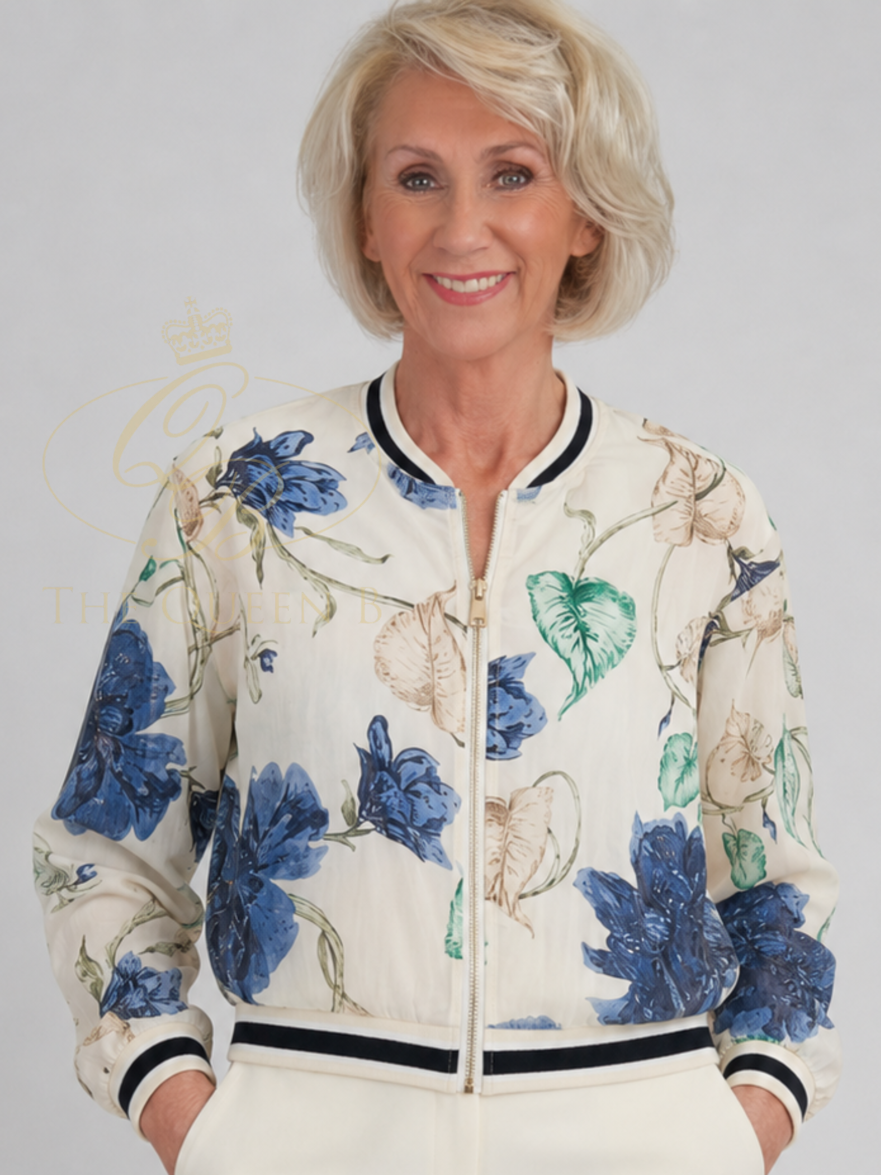 QBSS26 LX Lottie Floral Bomber Jacket with zip front, round neckline, floral print and contrast trim detail