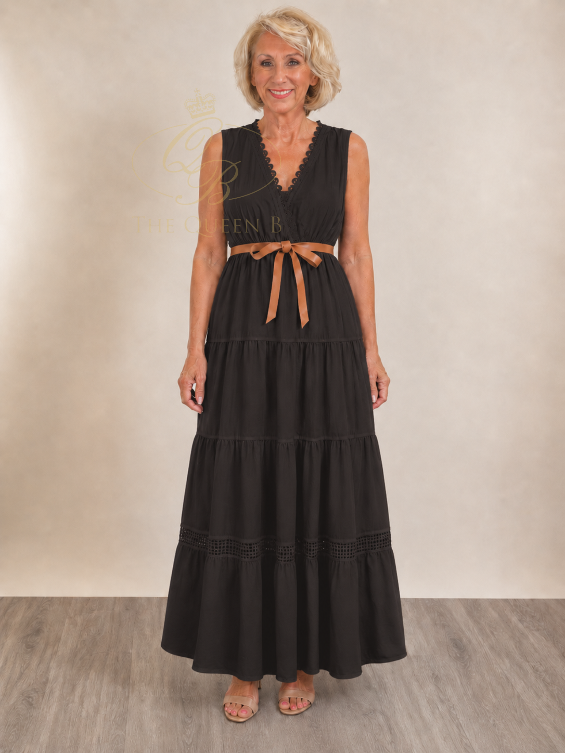 QBSS26 LX Willow V-Neck Dress with sleeveless design, tiered maxi skirt, V-neckline and self-tie waist belt