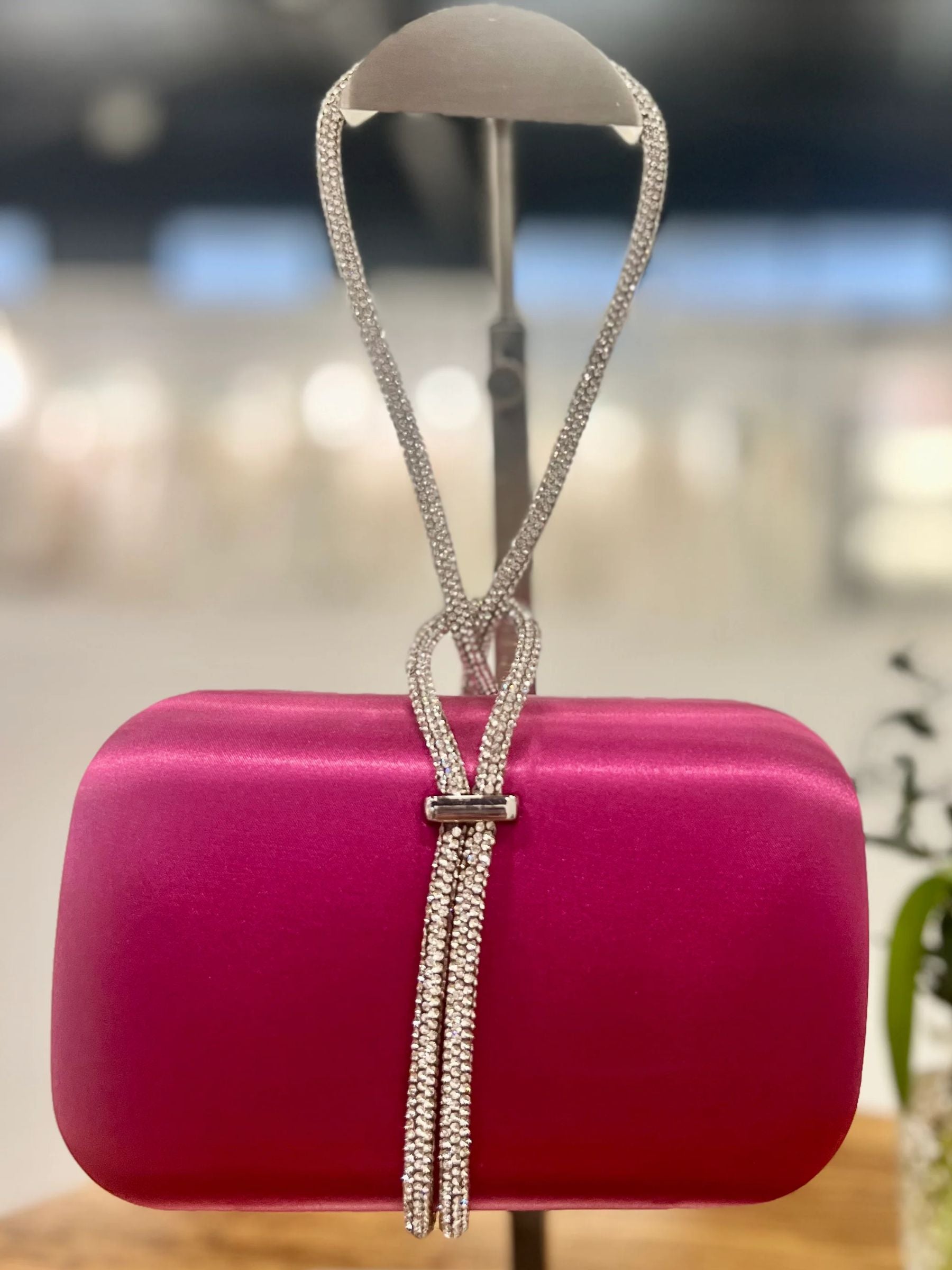 Fuchsia satin evening clutch with sparkling rhinestone strap - elegant women’s occasion bag for weddings, parties and special events.