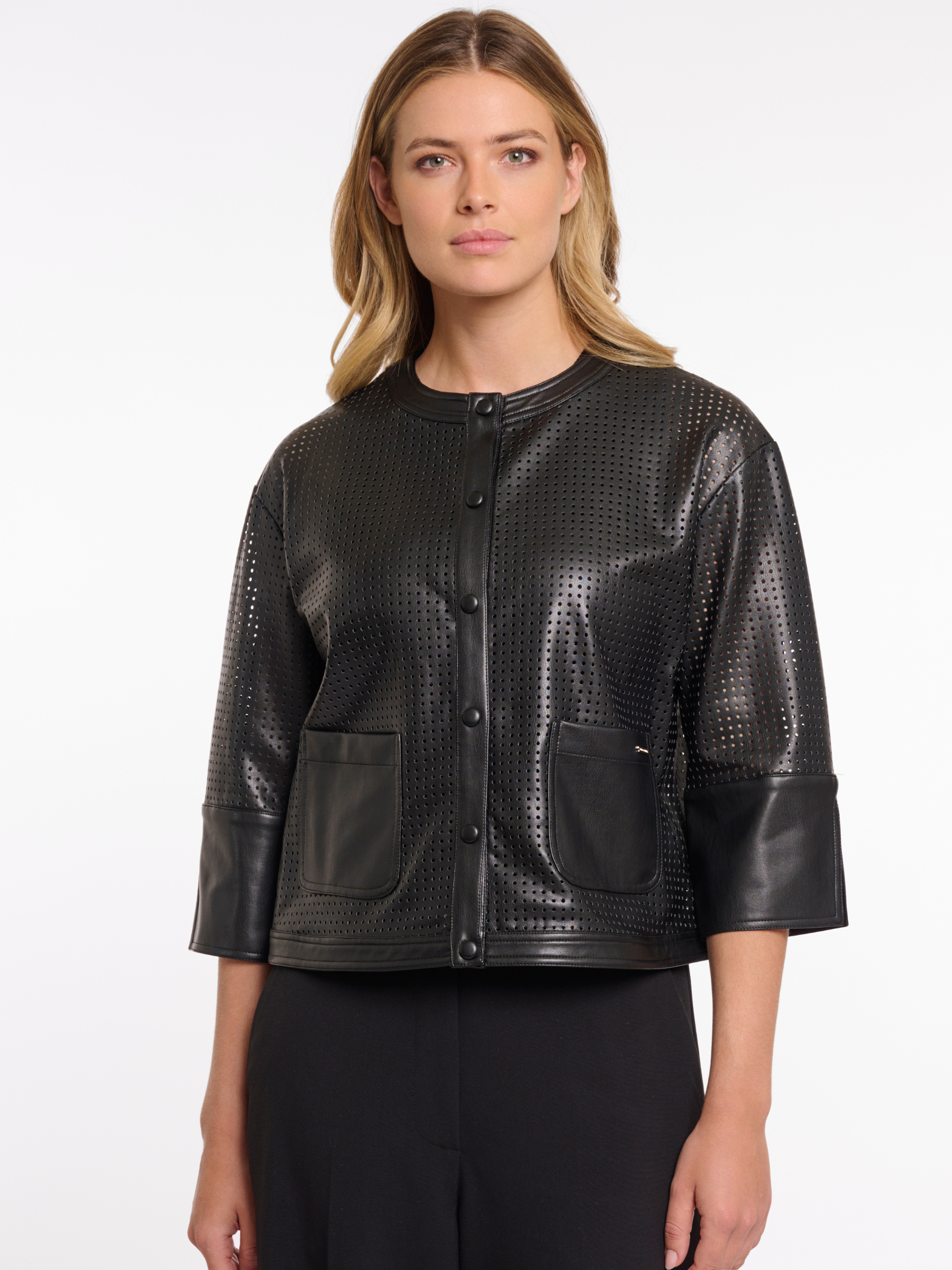 Rino & Pelle Abou Jacket with perforated faux leather design, cropped structured silhouette and modern button front.