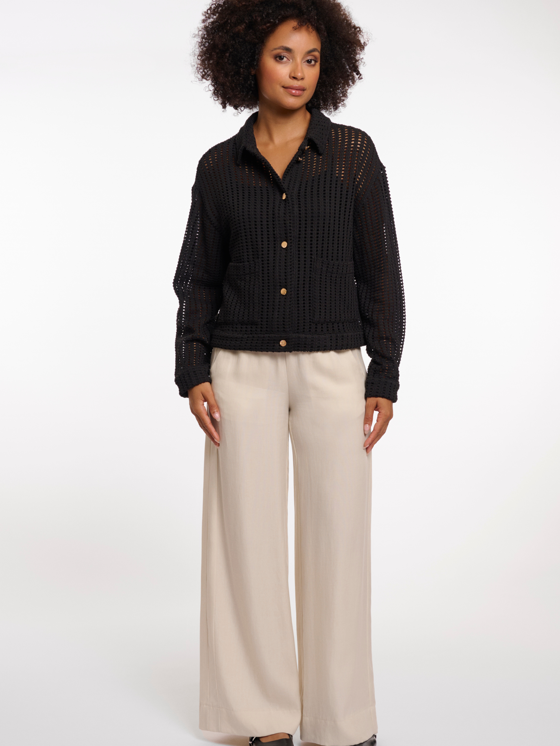 Rino & Pelle Carmen Jacket open knit textured jacket with collar, button fastening and patch pockets.