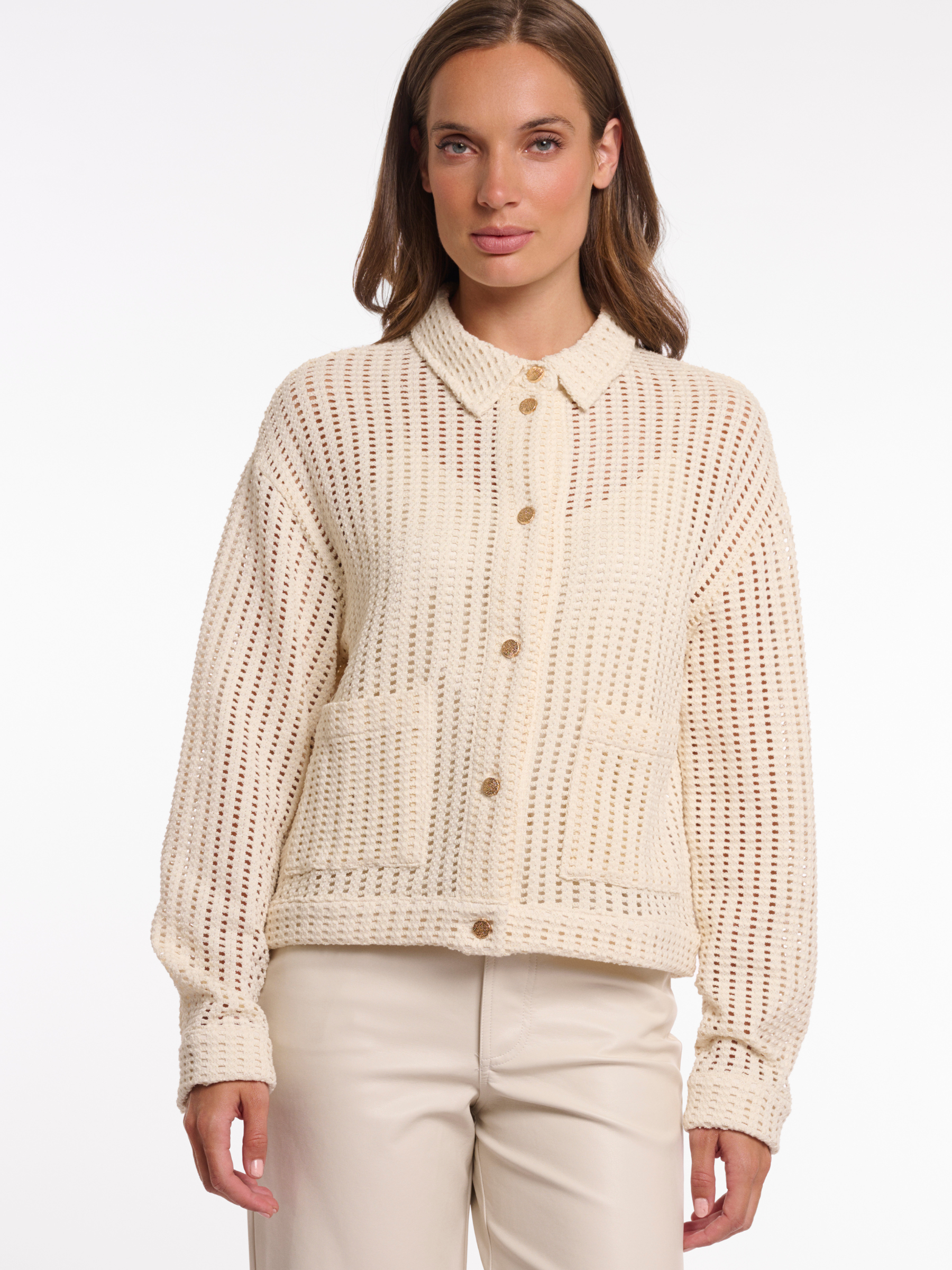 Rino & Pelle Carmen Jacket open knit textured jacket with collar, button fastening and patch pockets.