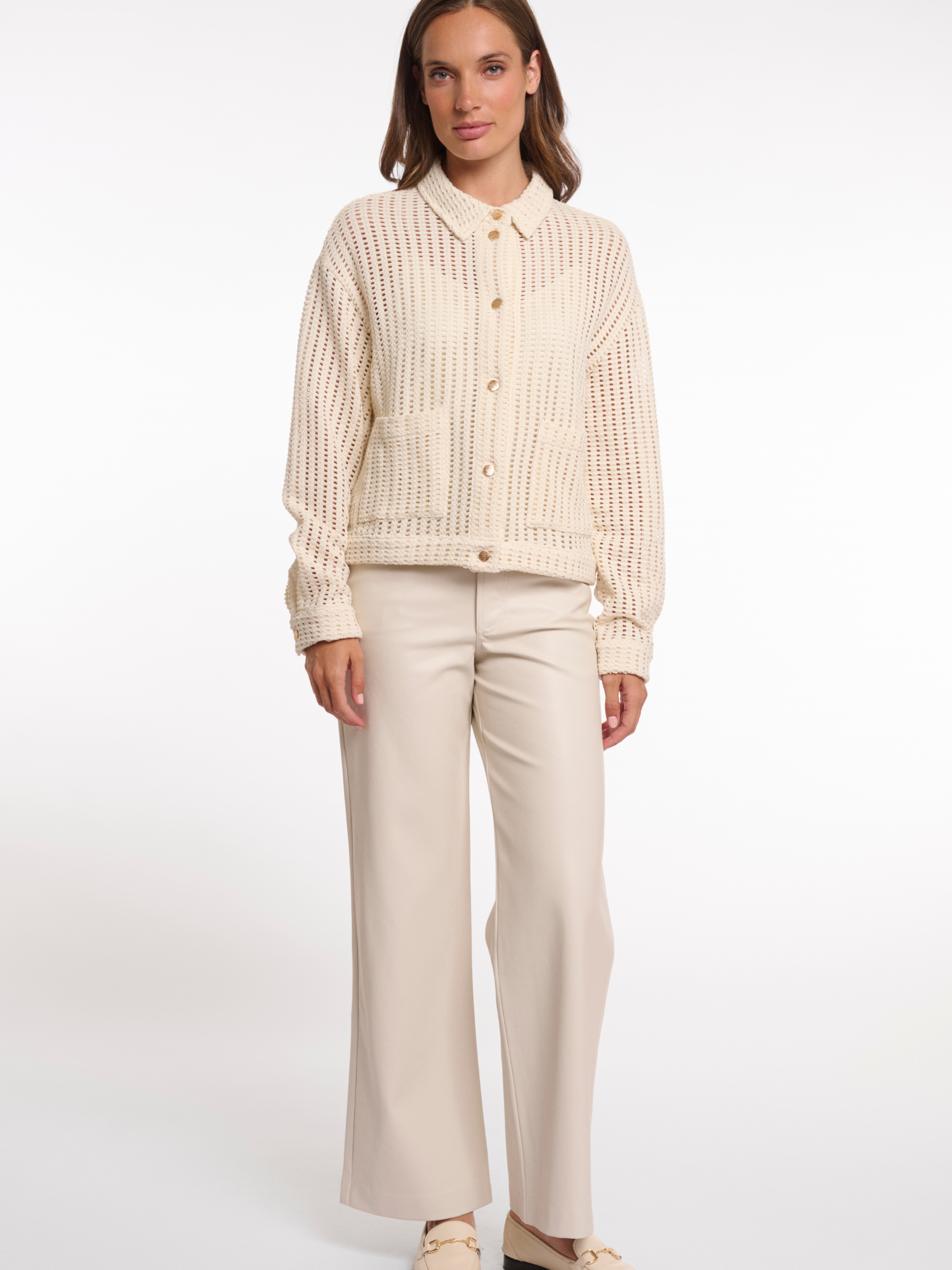 Rino & Pelle Carmen Jacket open knit textured jacket with collar, button fastening and patch pockets.