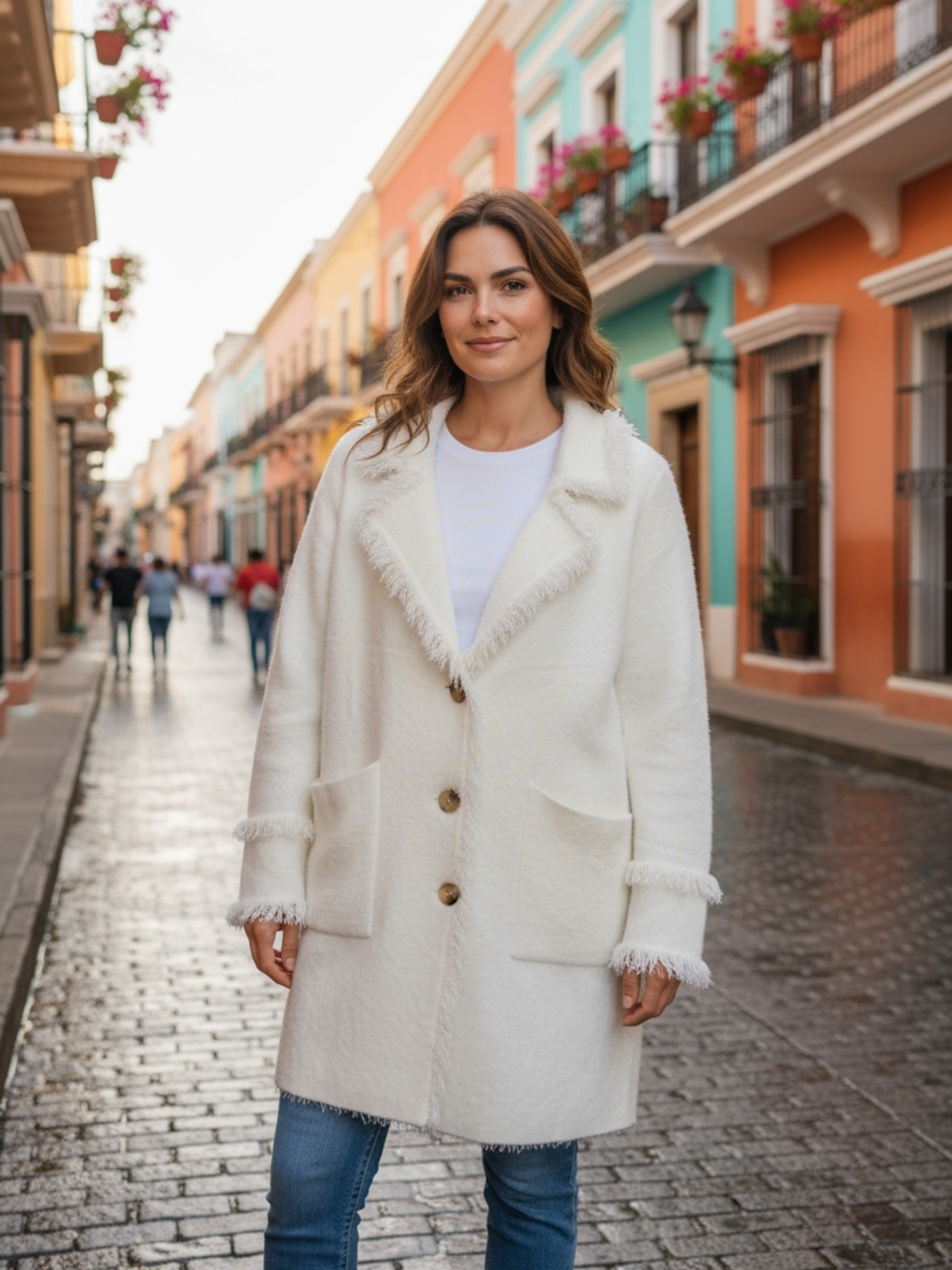 Rino & Pelle Catena Snow White Cardigan – women’s longline knit cardigan with fringe trim, button fastening, and pockets. Perfect for layering in stylish everyday looks.