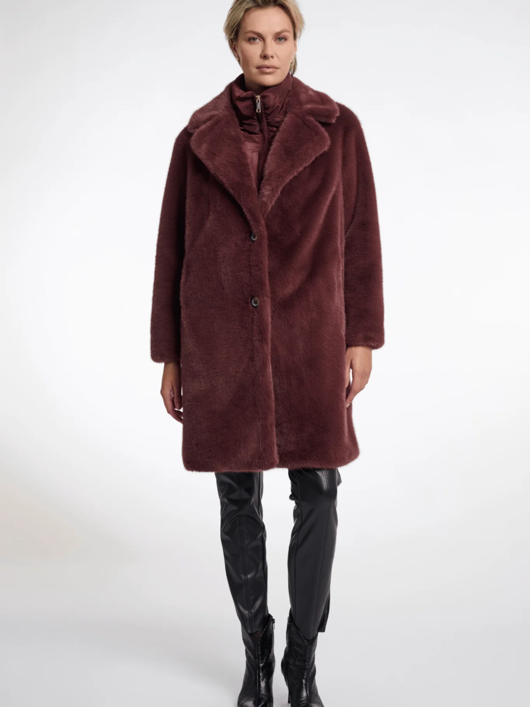 Rino & Pelle Geesje Chocolate Bean faux fur coat with zip inner layer-luxury women’s longline winter coat for stylish cold-weather outfits.
