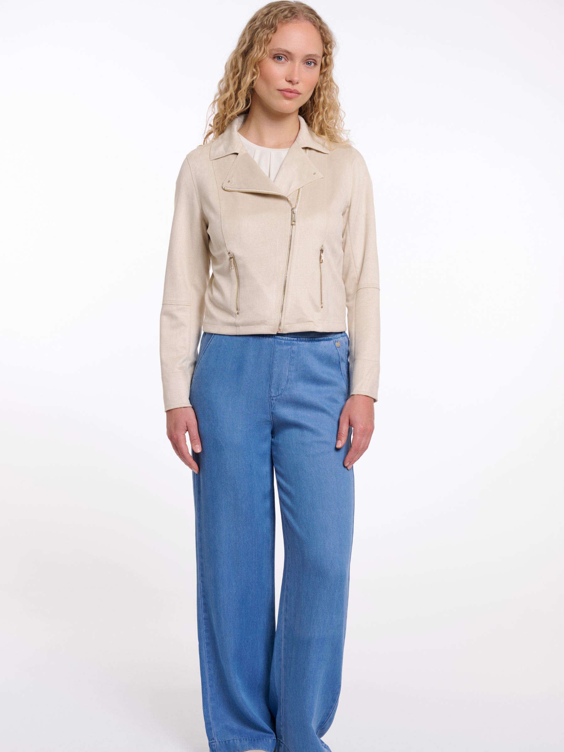 Rino & Pelle Ine Jacket faux suede fitted biker jacket with asymmetric zip and vertical zip pockets.