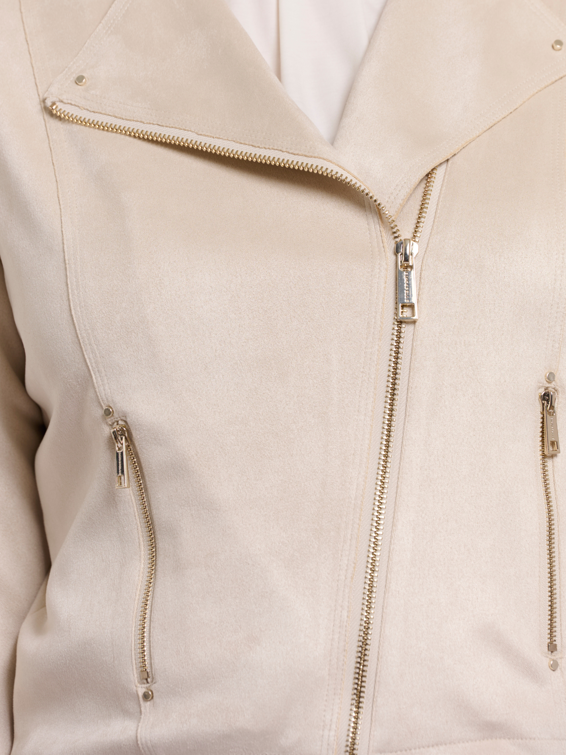 Rino & Pelle Ine Jacket faux suede fitted biker jacket with asymmetric zip and vertical zip pockets.