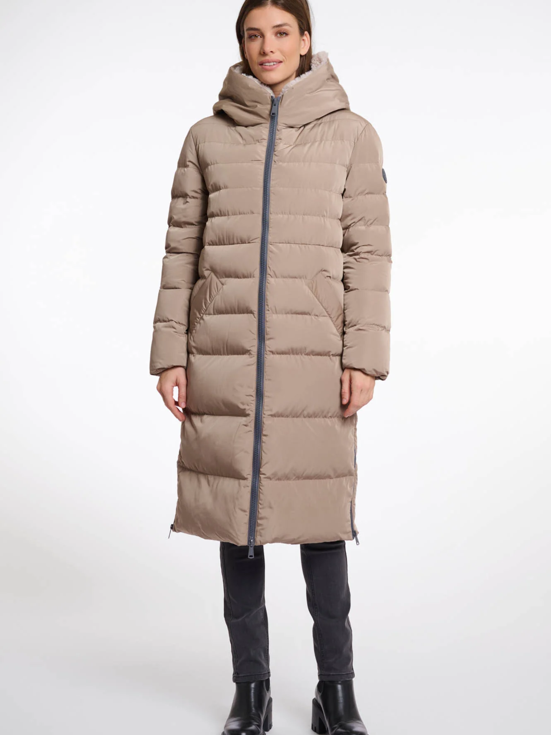 Rino & Pelle Keilafur long padded winter coat for women with faux-fur lining, hood, zip closure and side zips – stylish insulated outerwear for cold weather.