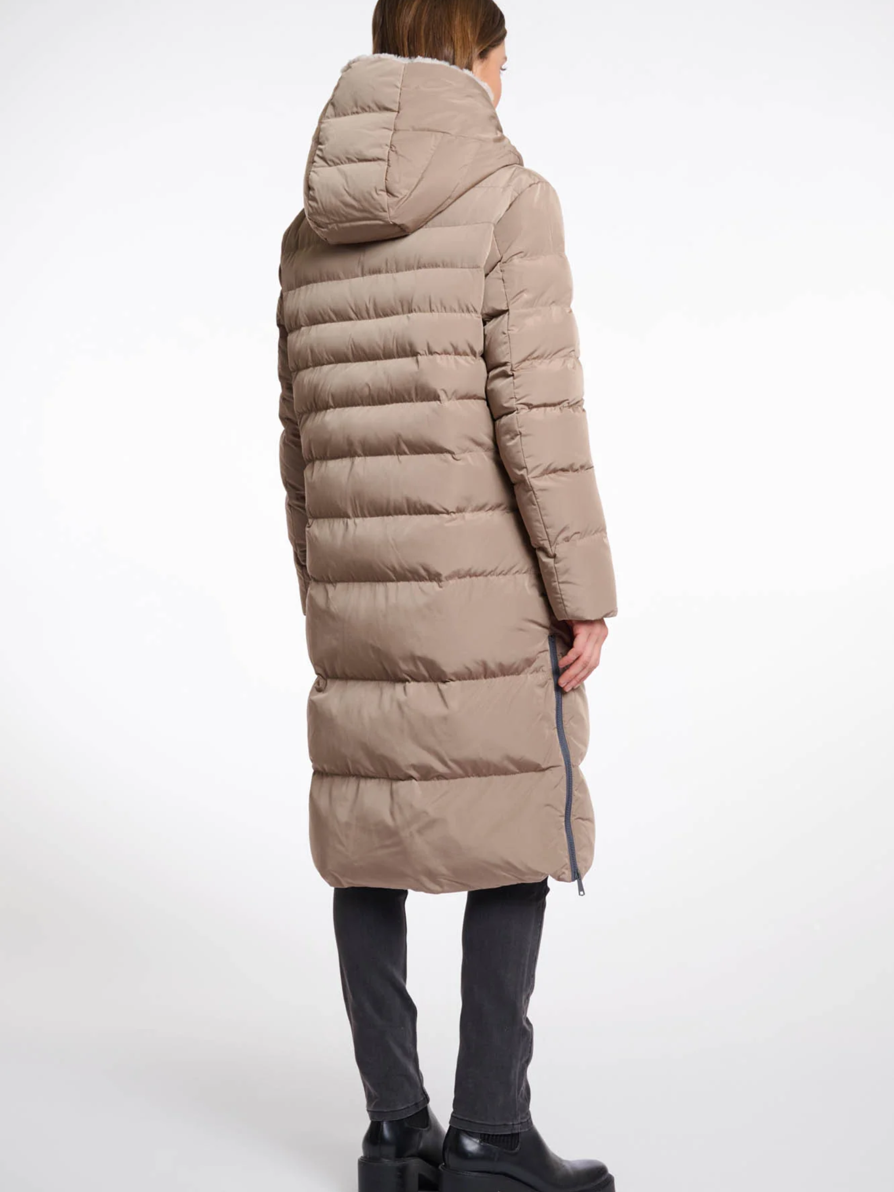 Rino & Pelle Keilafur long padded winter coat for women with faux-fur lining, hood, zip closure and side zips – stylish insulated outerwear for cold weather.