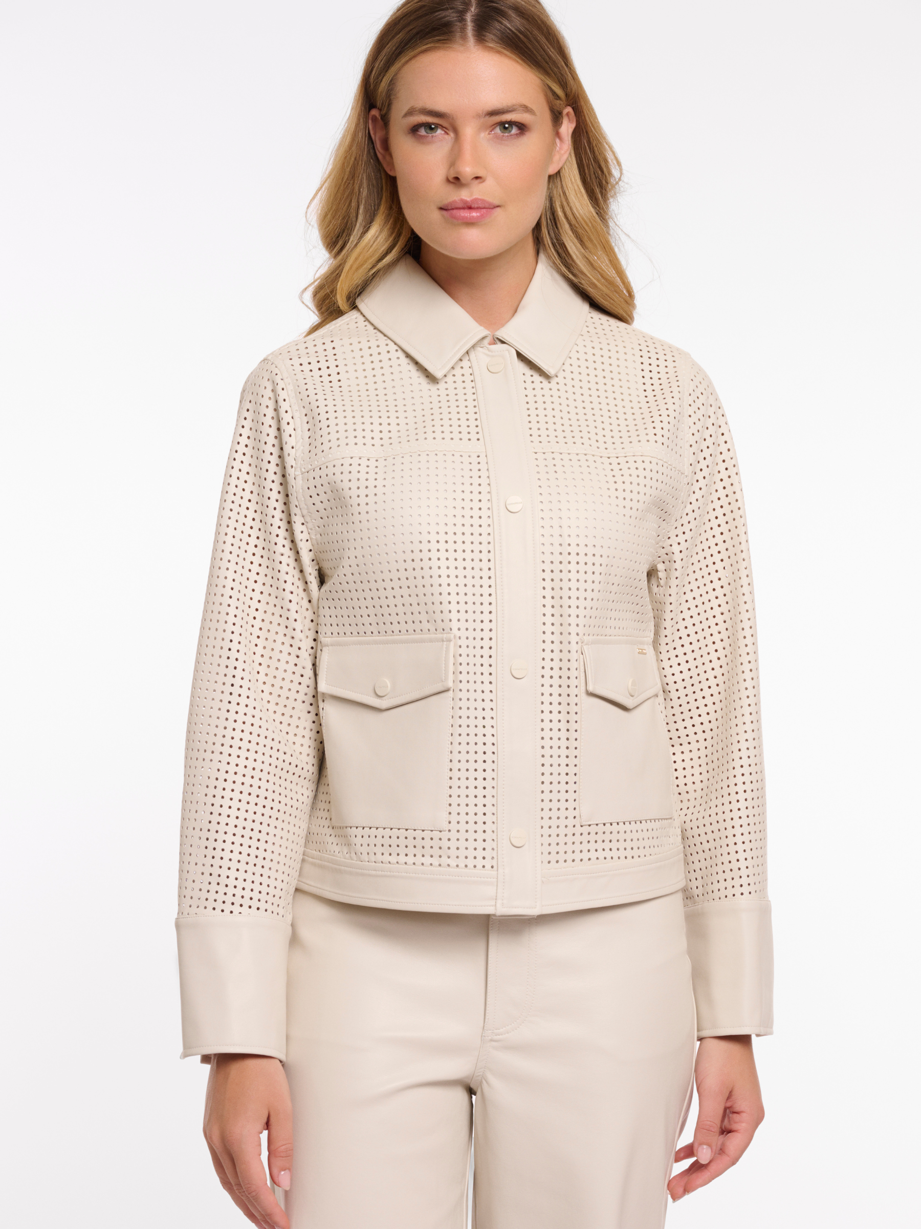 Rino & Pelle Nandi Jacket perforated faux leather button front jacket with patch pockets and structured collar.