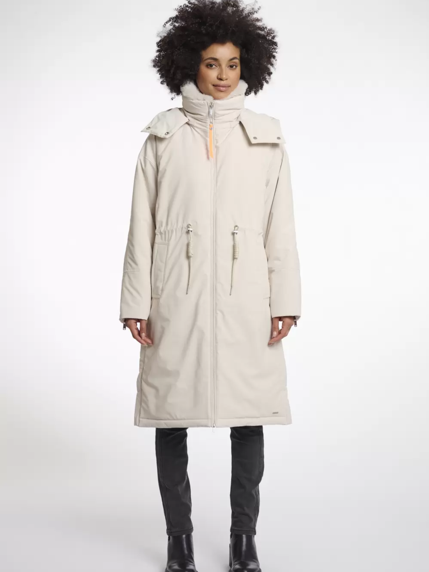 Rino & Pelle Quinte Birch outdoor jacket-longline women’s winter coat with detachable hood and high collar, warm and stylish neutral outerwear.