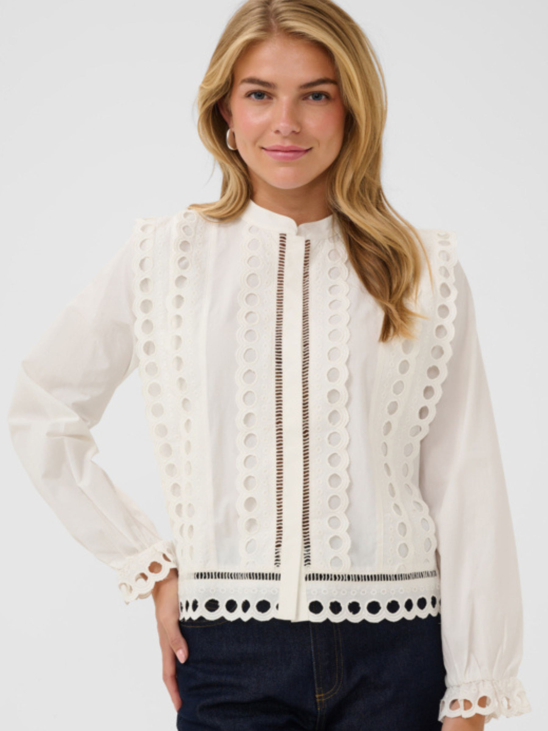 Saint Tropez Marlee Shirt with collarless neckline, broderie cutwork, long sleeves and scalloped hem