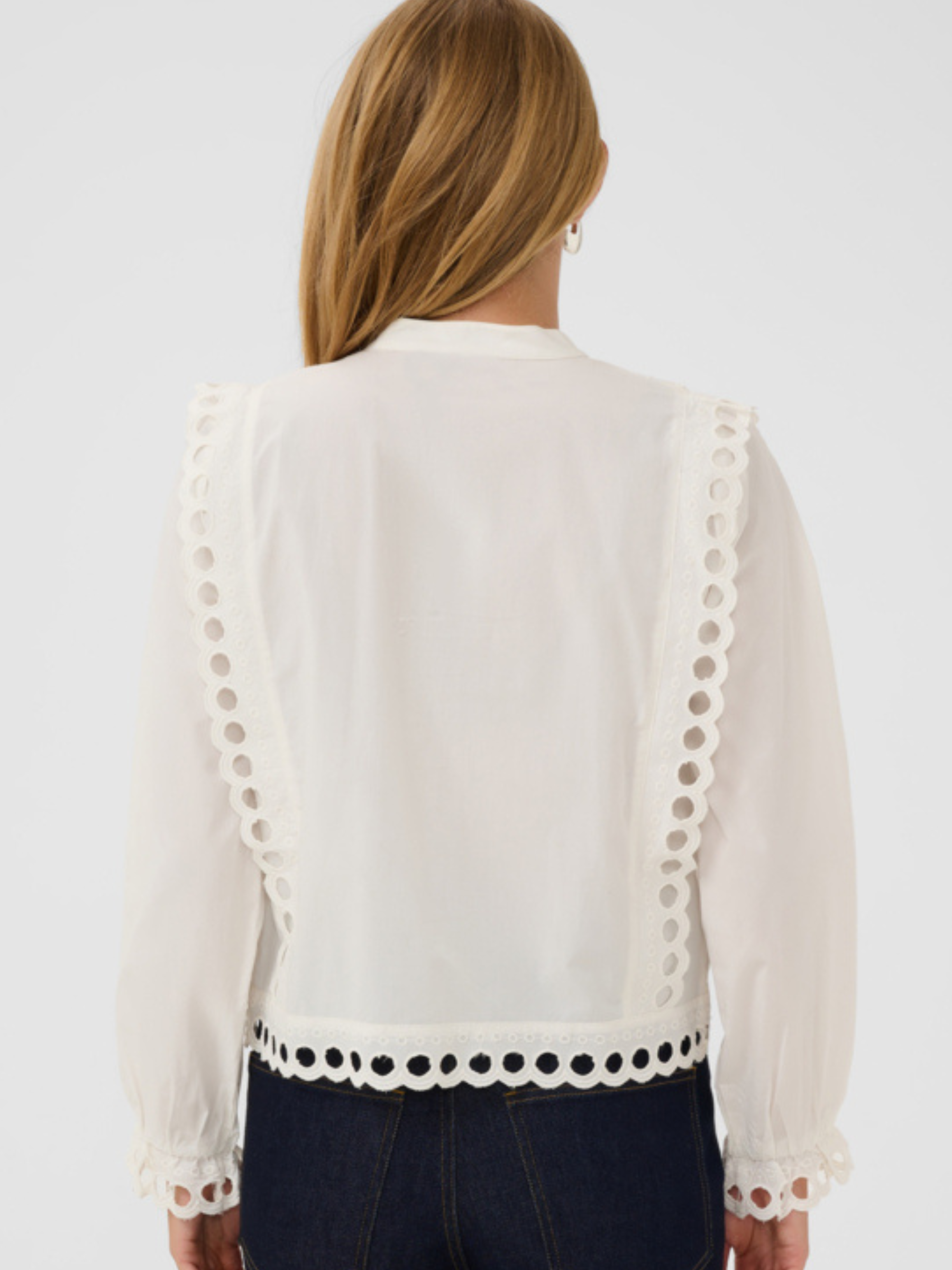 Saint Tropez Marlee Shirt with collarless neckline, broderie cutwork, long sleeves and scalloped hem