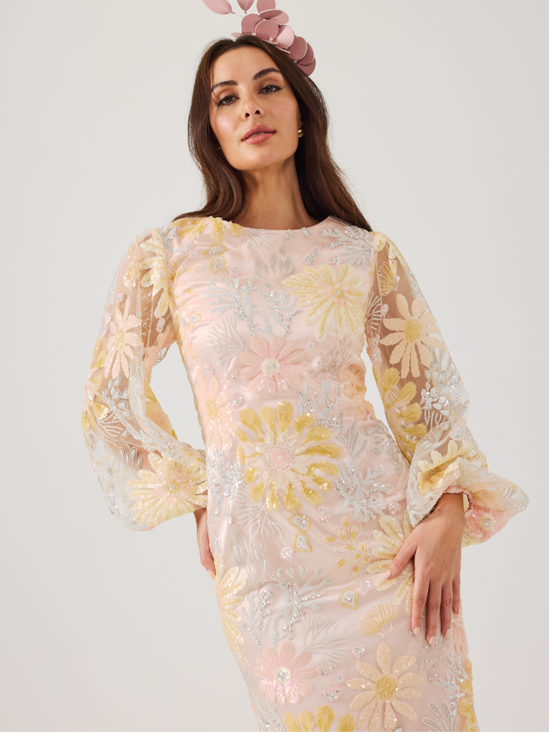 Samantha Jane Miranda Lemon Pink Dress with floral embroidery, sheer sleeves and fitted knee-length silhouette.
