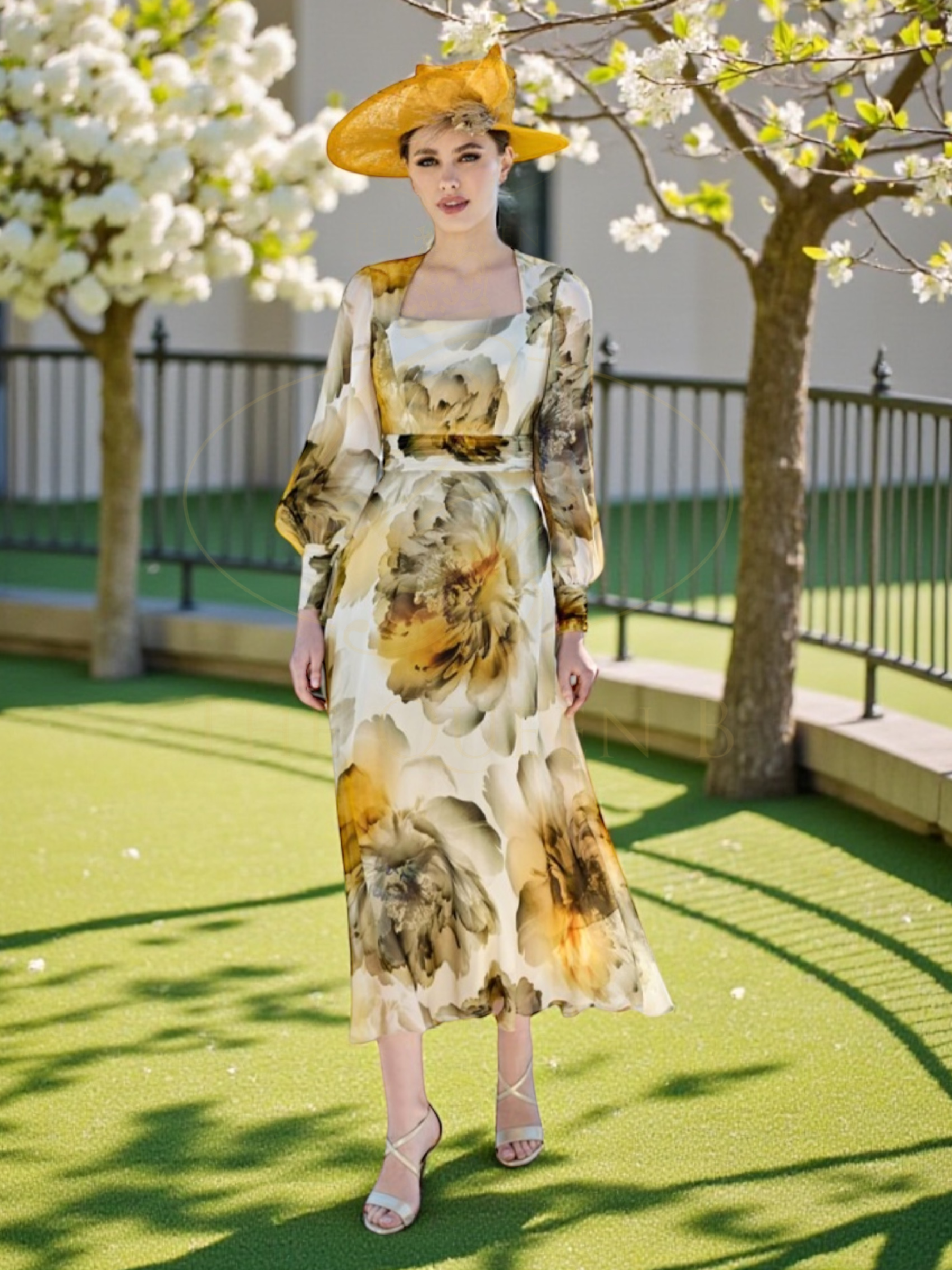 Sonia Peña 1260002 Ambar Dress with square neckline, sheer long sleeves, defined waistband and flowing A-line midi skirt.