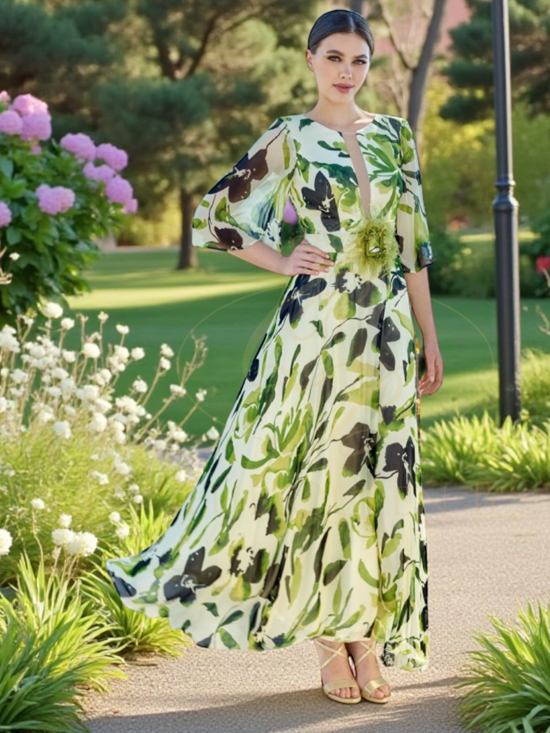 Sonia Peña 1260018 Green Dress with keyhole neckline, sheer sleeves, floral waist detail and flowing A-line skirt.