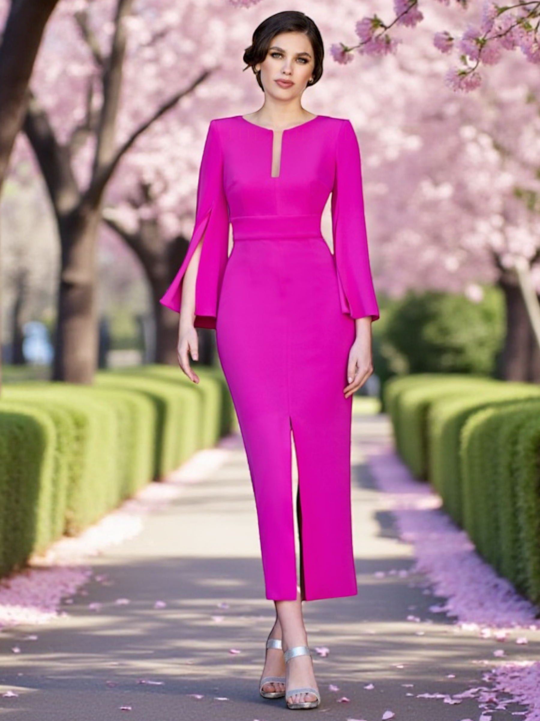 Sonia Peña 1260030 Bouga Dress with keyhole neckline, split sleeves, tailored waist and straight-cut skirt with front slit.