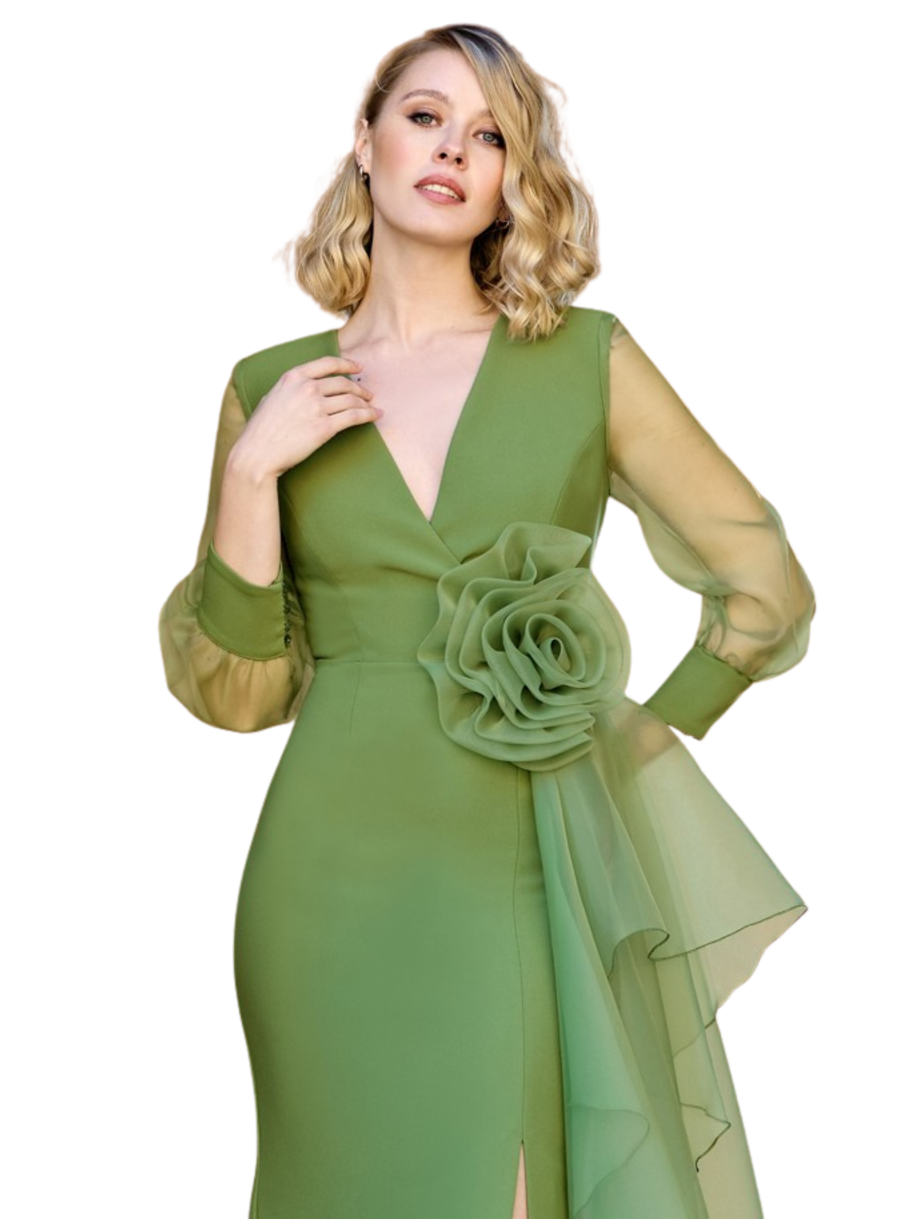 Sonia Peña 1260067A Green Dress with straight silhouette, deep V-neckline, sheer sleeves and oversized floral organza appliqué.