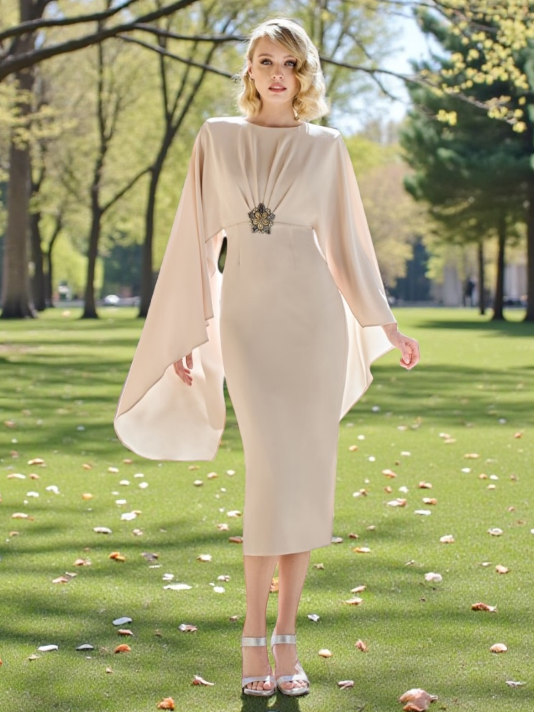 Sonia Peña 1260073A Beige Dress with cape-effect sleeves, straight skirt and jewelled waist detail.