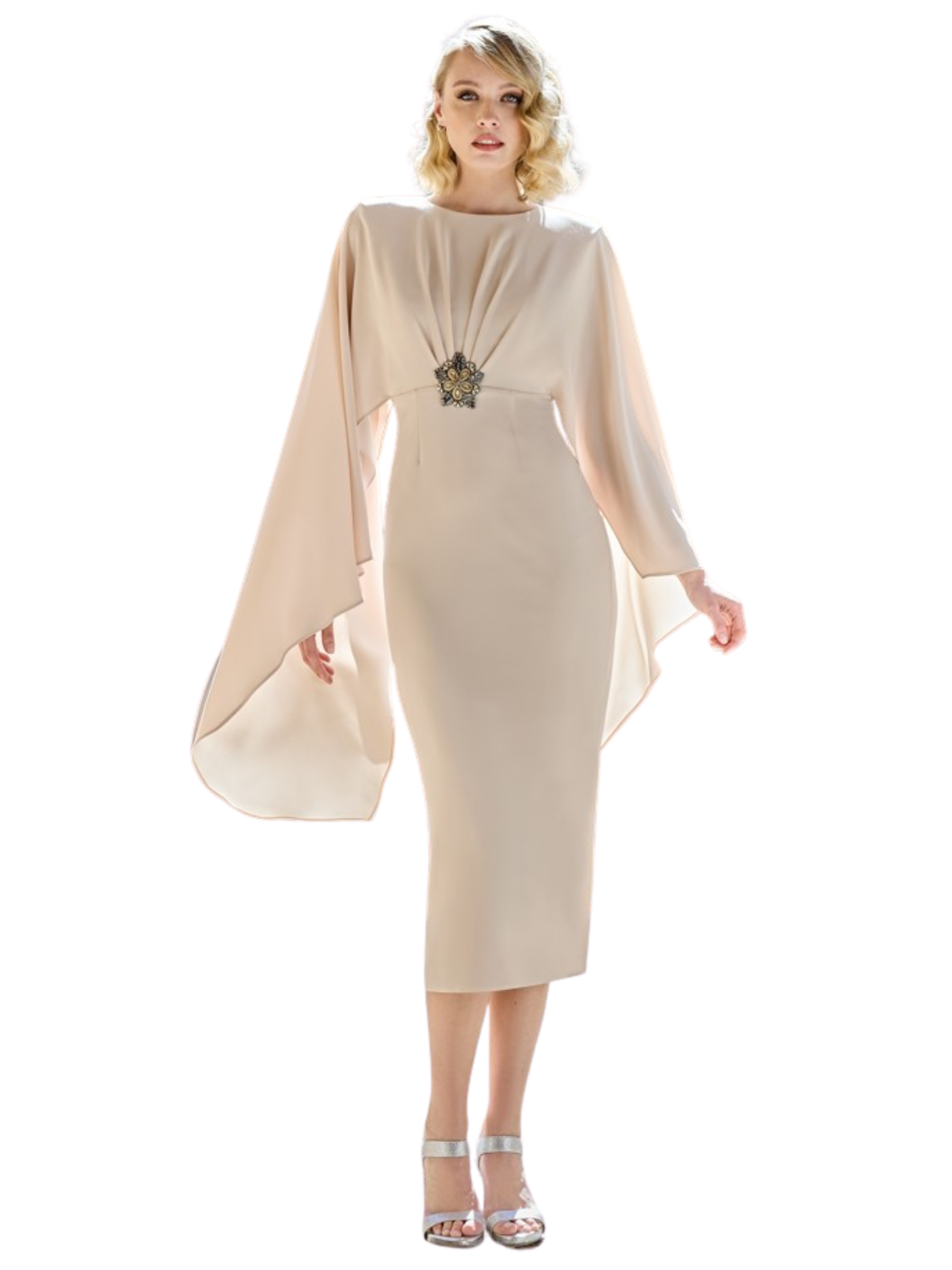 Sonia Peña 1260073A Beige Dress with cape-effect sleeves, straight skirt and jewelled waist detail.