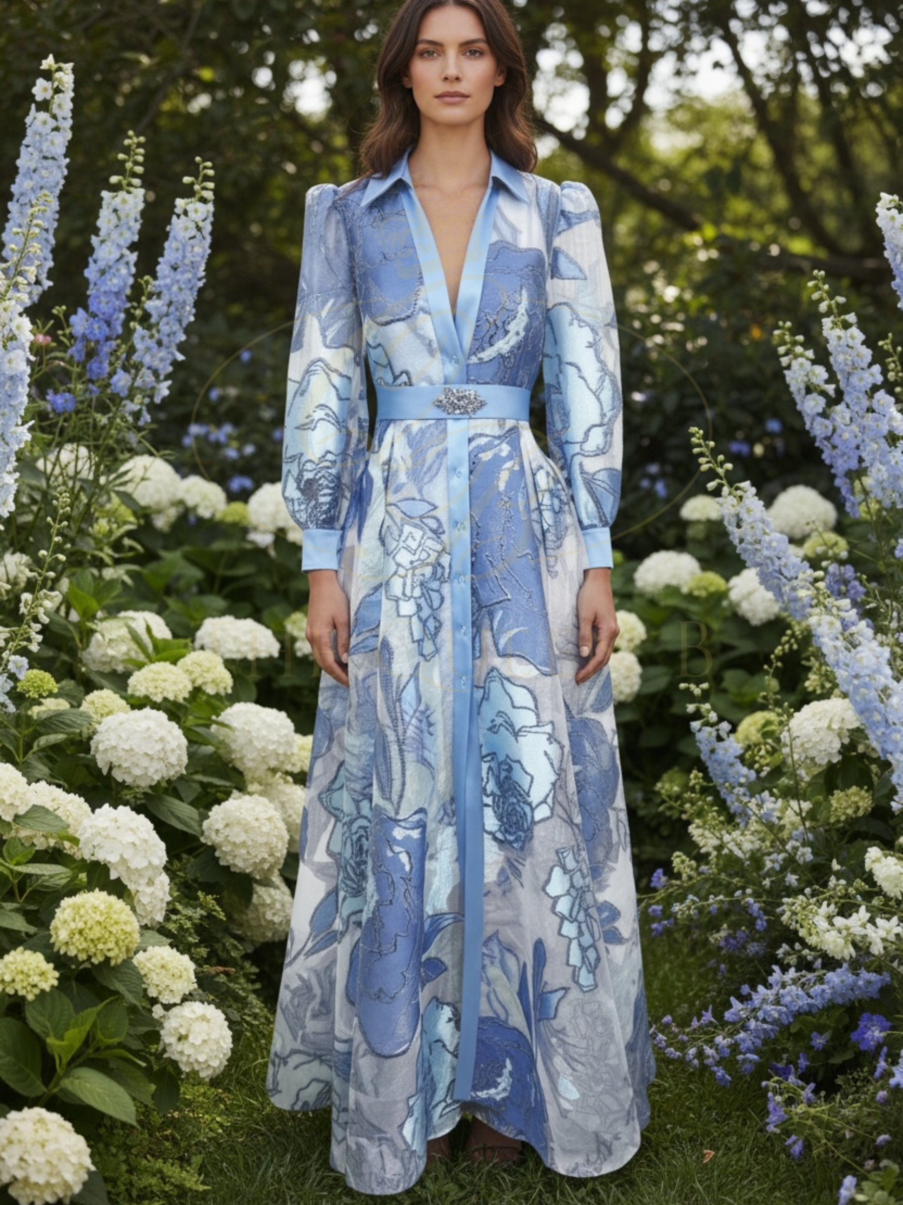 Sonia Peña 1261006A Light Blue Dress – elegant two-piece ensemble with sheer floral overcoat, belted waist and puff sleeves in shimmering light blue tones, perfect for weddings and formal occasions.