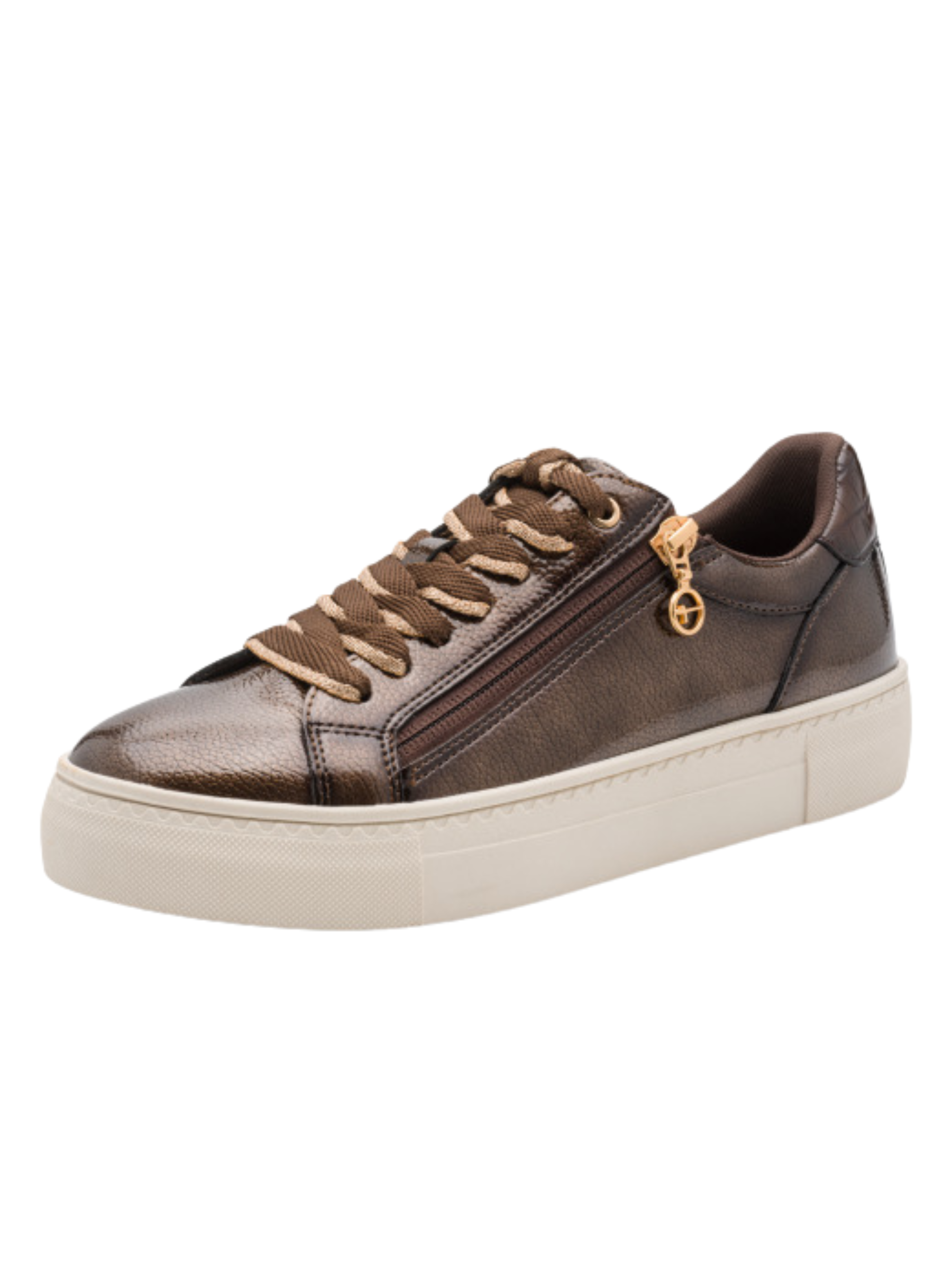 Tamaris 23313 359 Brown Patent Trainer with lace-up front and side zip detail.