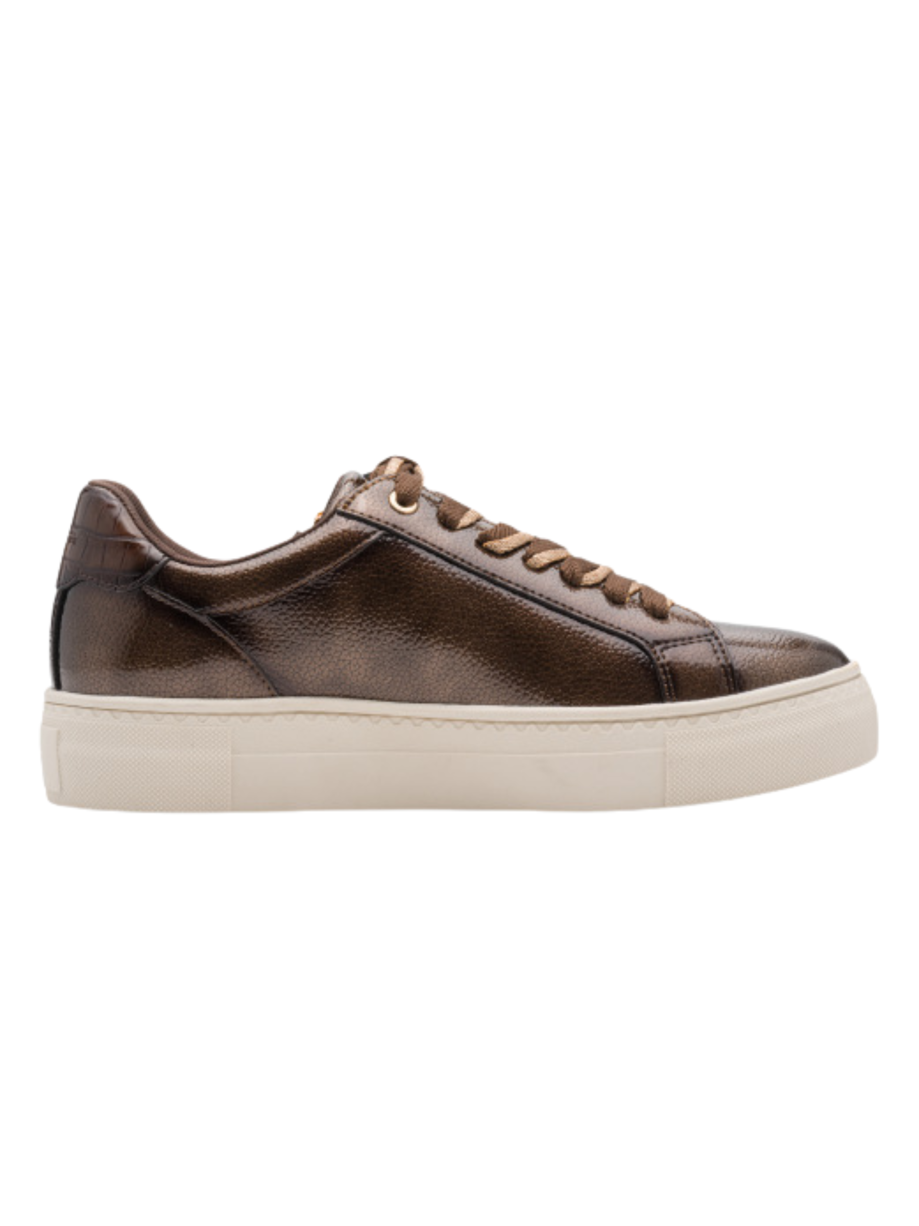 Tamaris 23313 359 Brown Patent Trainer with lace-up front and side zip detail.