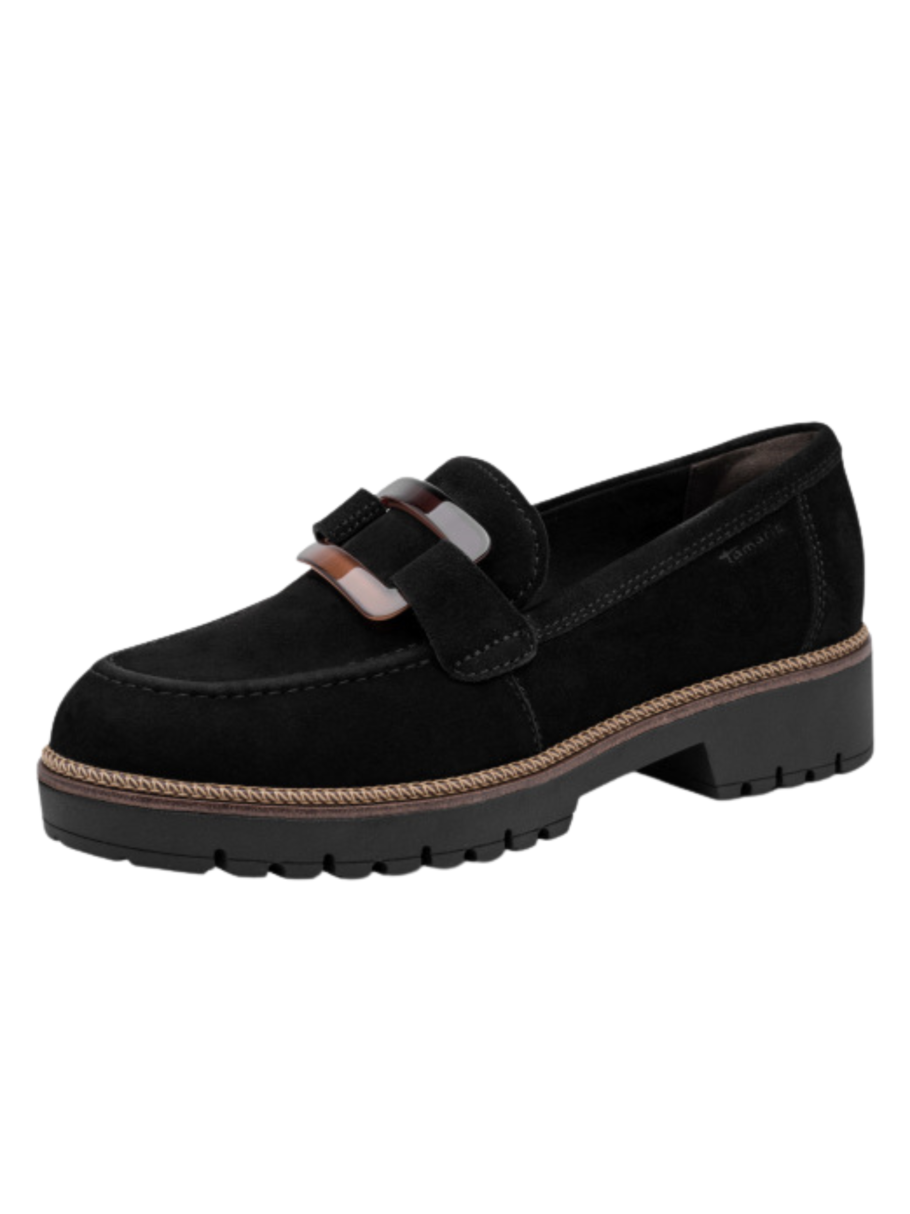 Tamaris 24722 001 Black Loafer with classic front detail and 40mm block heel.
