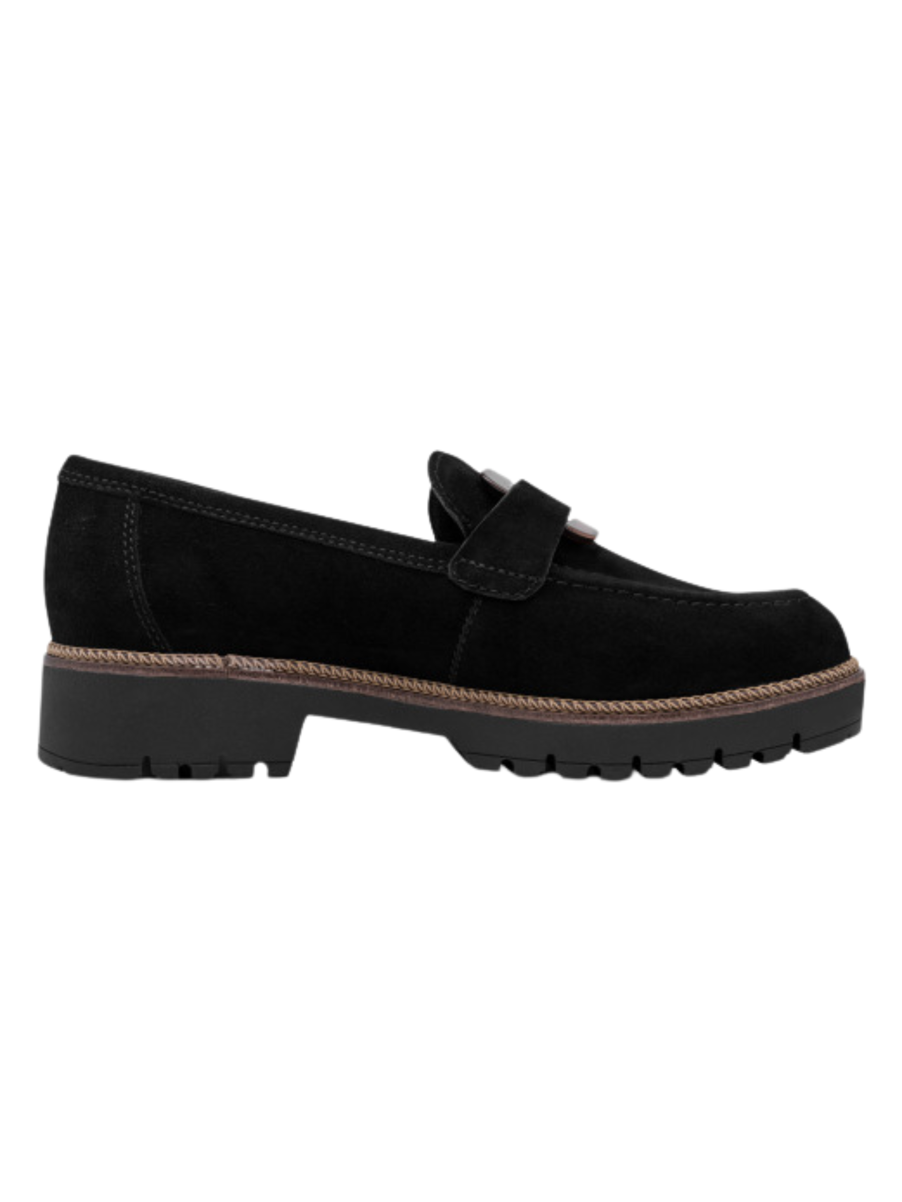 Tamaris 24722 001 Black Loafer with classic front detail and 40mm block heel.