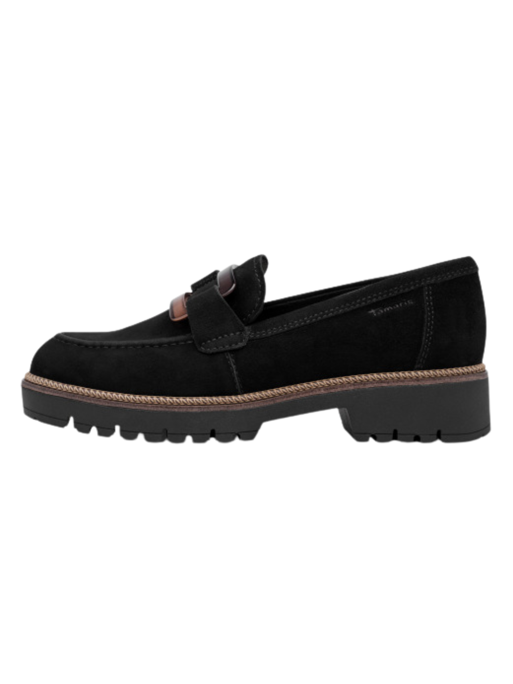 Tamaris 24722 001 Black Loafer with classic front detail and 40mm block heel.
