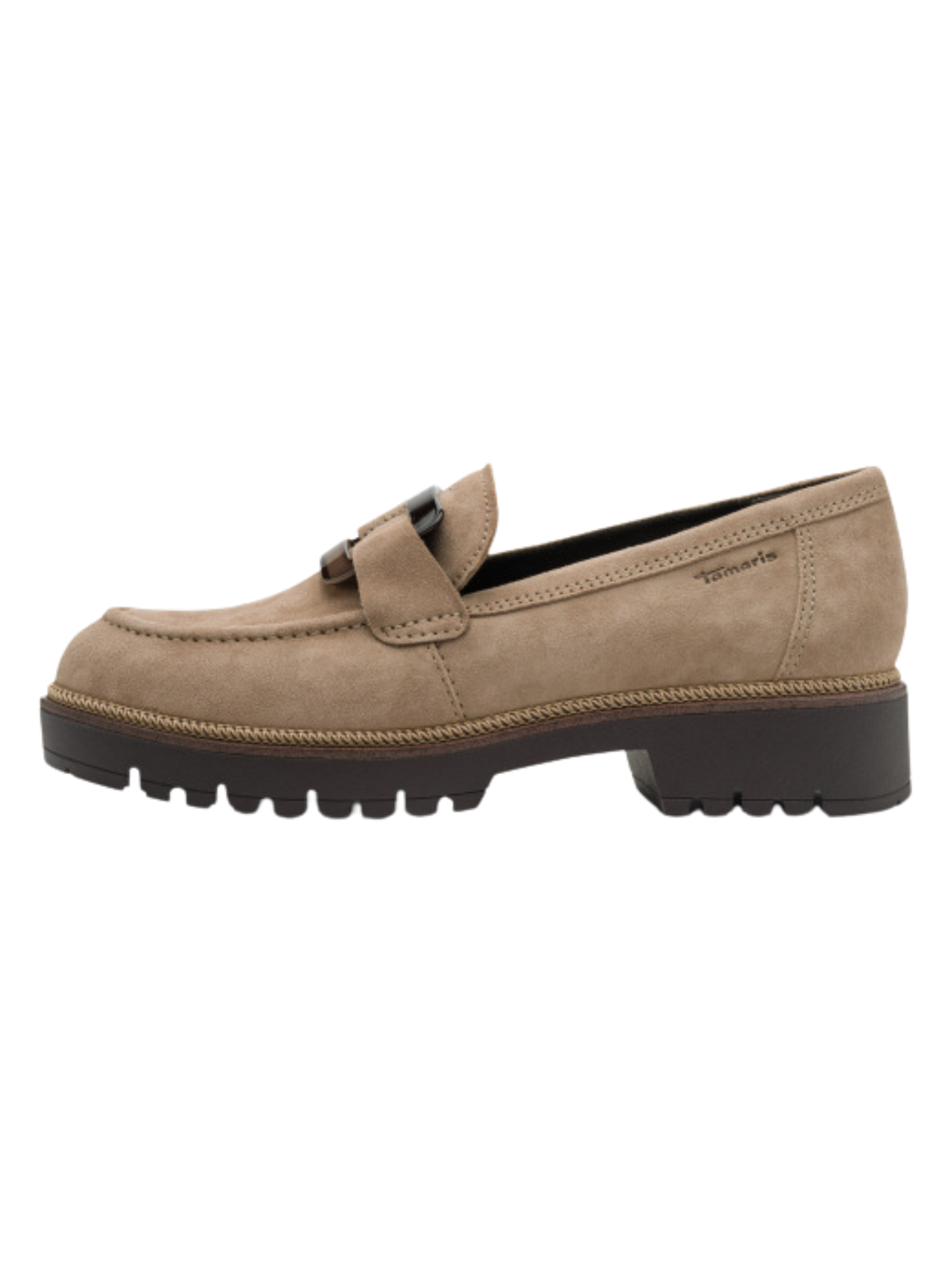 Tamaris 24722 3A1 Taupe Loafer with classic front detail and 40mm block heel.