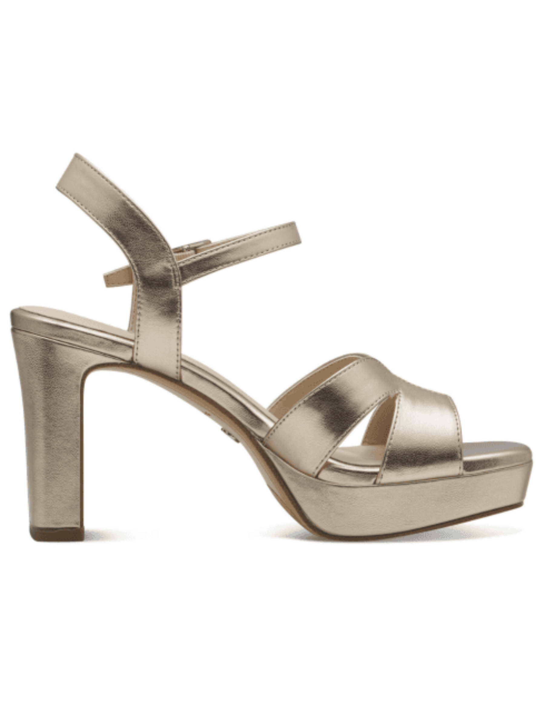 Tamaris 28349 933 gold women’s occasion heels with crossover straps, ankle buckle fastening and 90mm block heel.