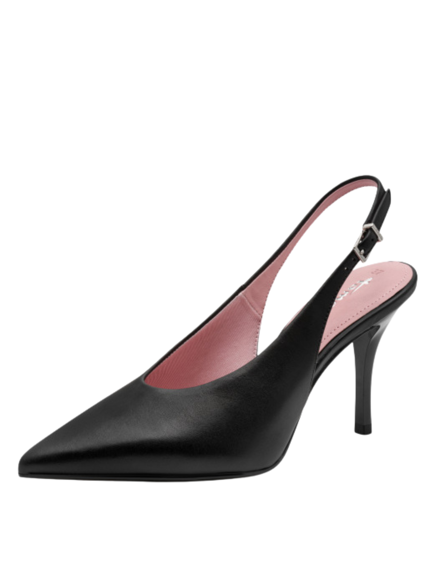 Tamaris 29642 003 black leather women’s slingback heels with pointed toe, buckle fastening and 90mm stiletto heel.