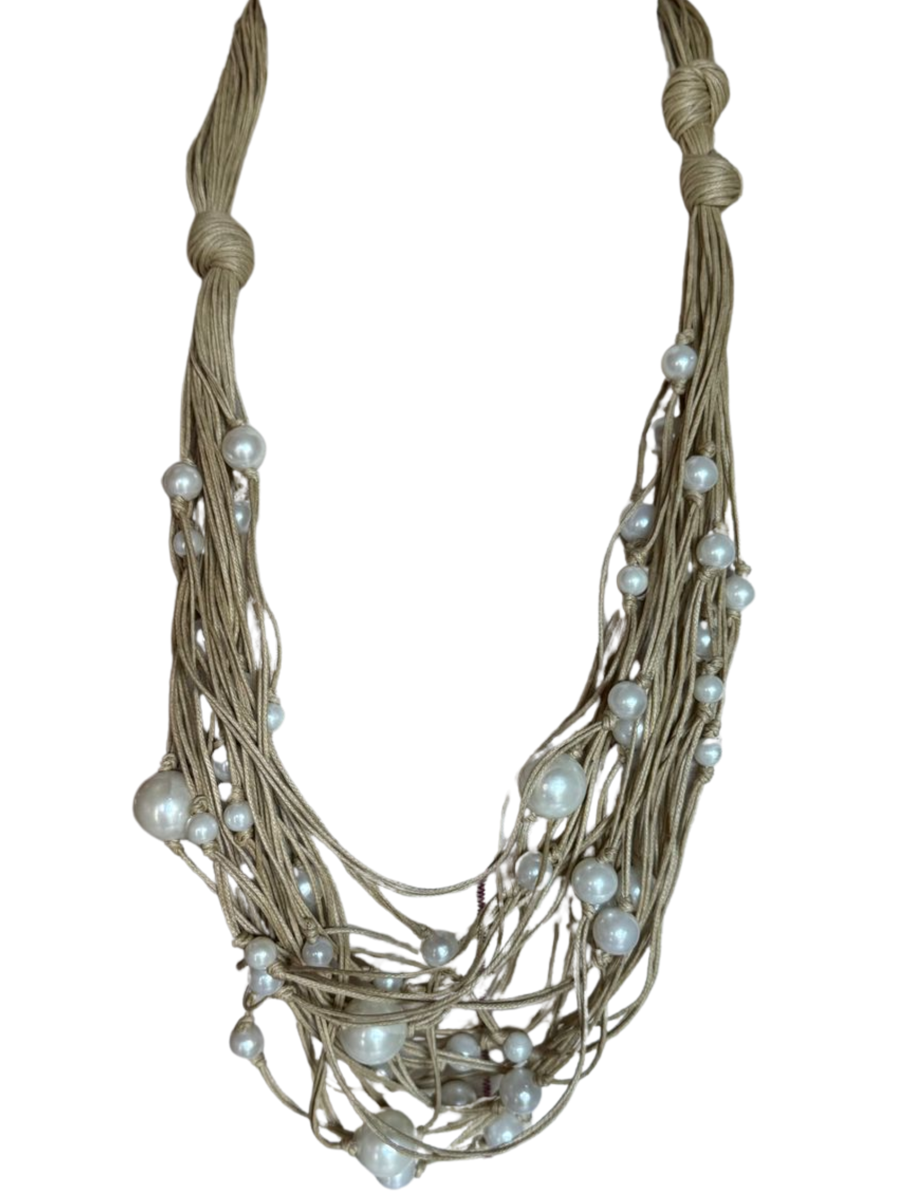 Tara Vao N06 Necklace with multi-strand black cords and scattered pearl-style beads creating a layered statement necklace.