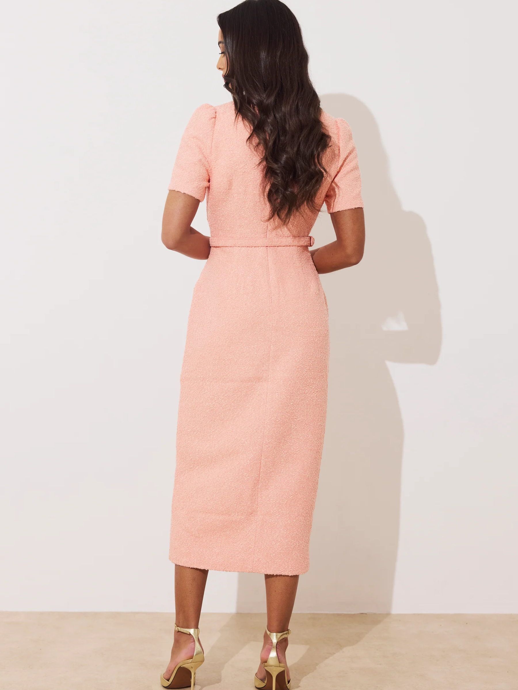 The 8th Sign Peach Harriet Tweed Belted Midi Dress The 8th Sign Peach Harriet Tweed Belted Midi Dress