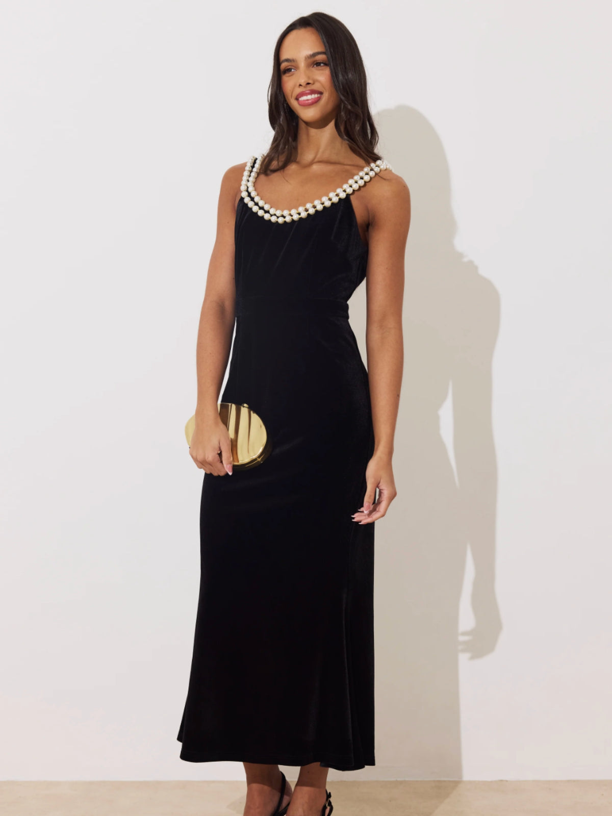 The 8th Sign Victoire Pearl Velvet Midi Dress with pearl-trim scoop neckline, pearl straps and low scoop back.