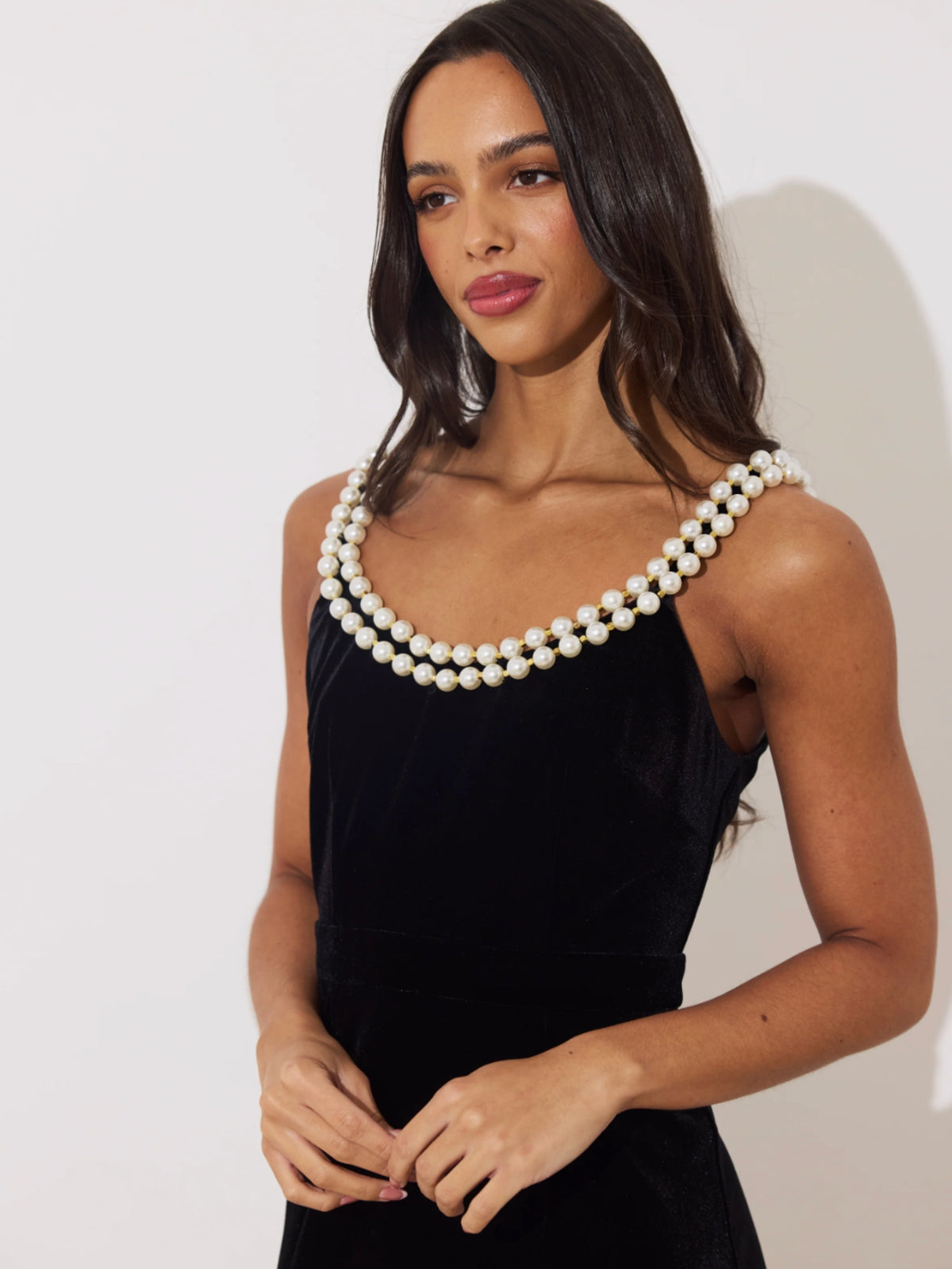 The 8th Sign Victoire Pearl Velvet Midi Dress with pearl-trim scoop neckline, pearl straps and low scoop back.